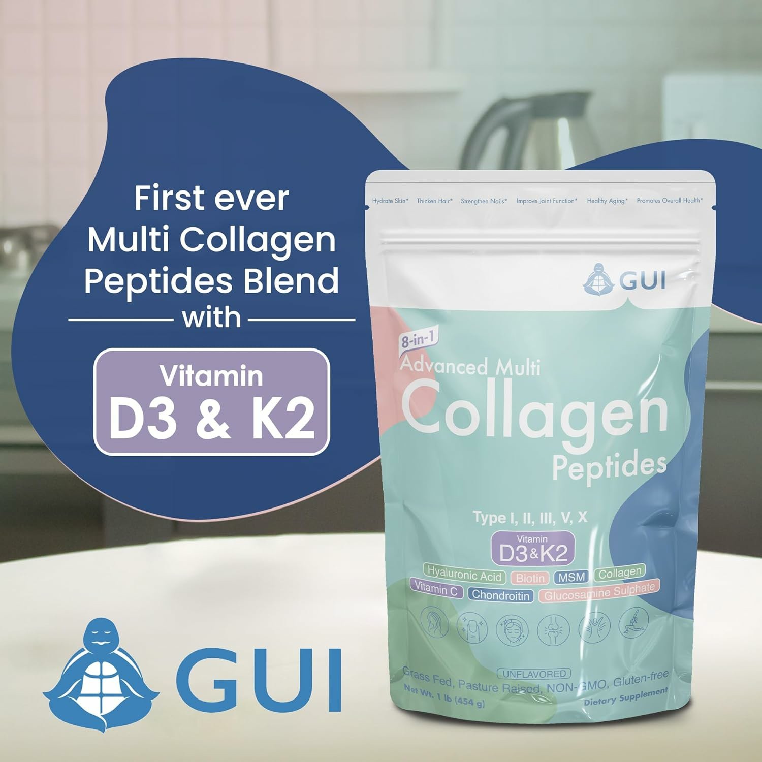 GUI Multi Collagen Peptides Powder Unflavored 1 lb D3 K2 Biotin Exp 07/2027