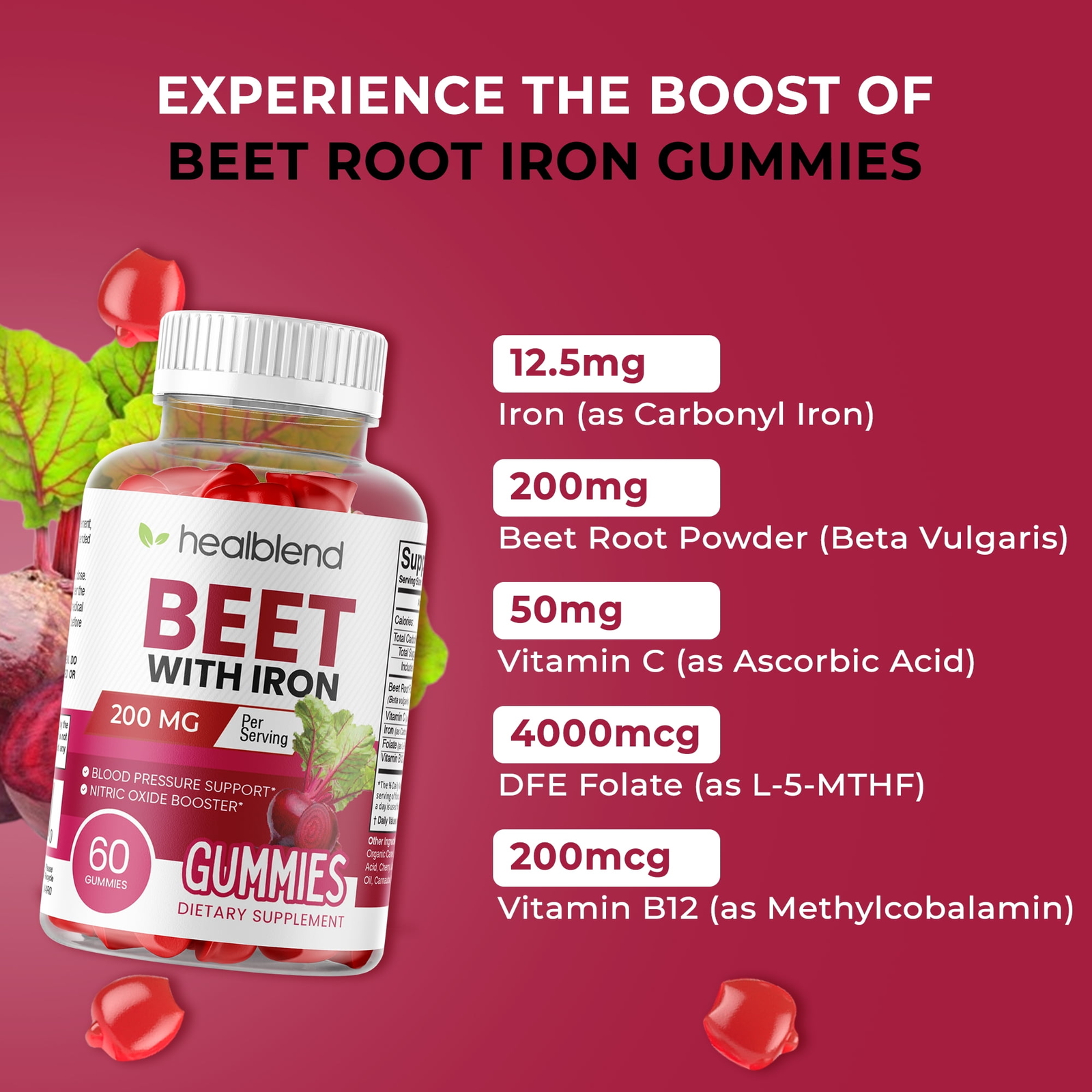 Beet Root Gummies 200mg. Nitric Oxide Booster Beets with Iron for Heart Health