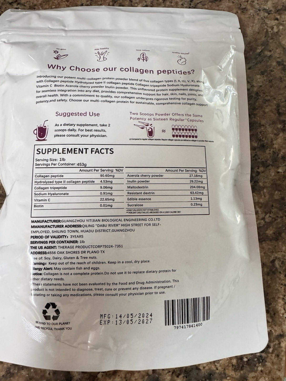 ESUNM Multi Collagen Peptides Powder Types I II III V X Unflavored 1 lb