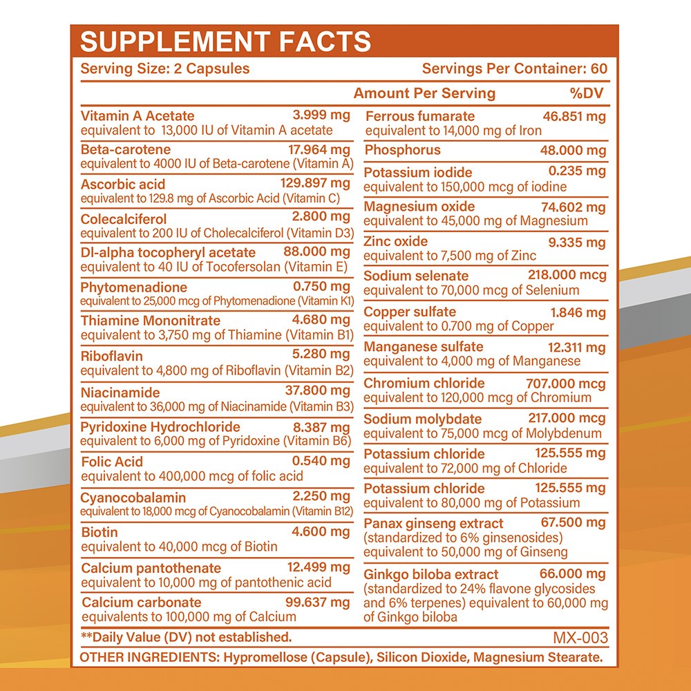Ginseng&Ginkgo Biloba Supplement With Vitamins Minerals,Support Bone Hair Health