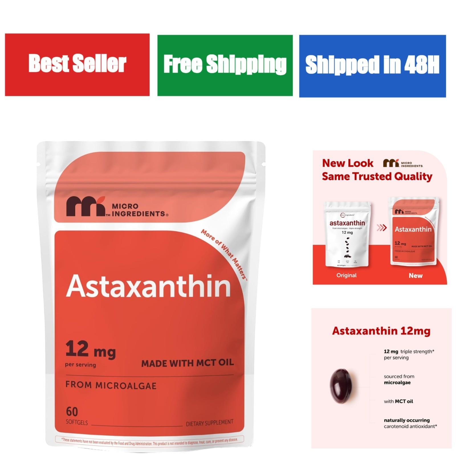 Micro Ingredients Astaxanthin 12mg Softgels with MCT Oil, 60 Count