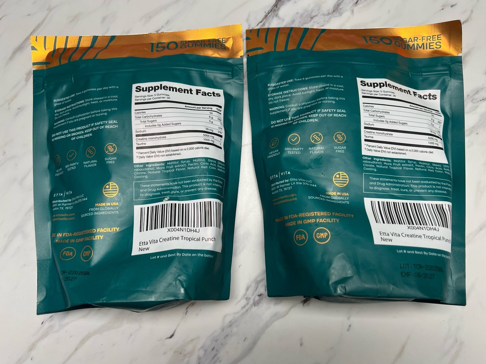 Lot of 2 Etta Vita Sugar Free Creatine Taurine Pro Endurance 150 Gummies 8/2027