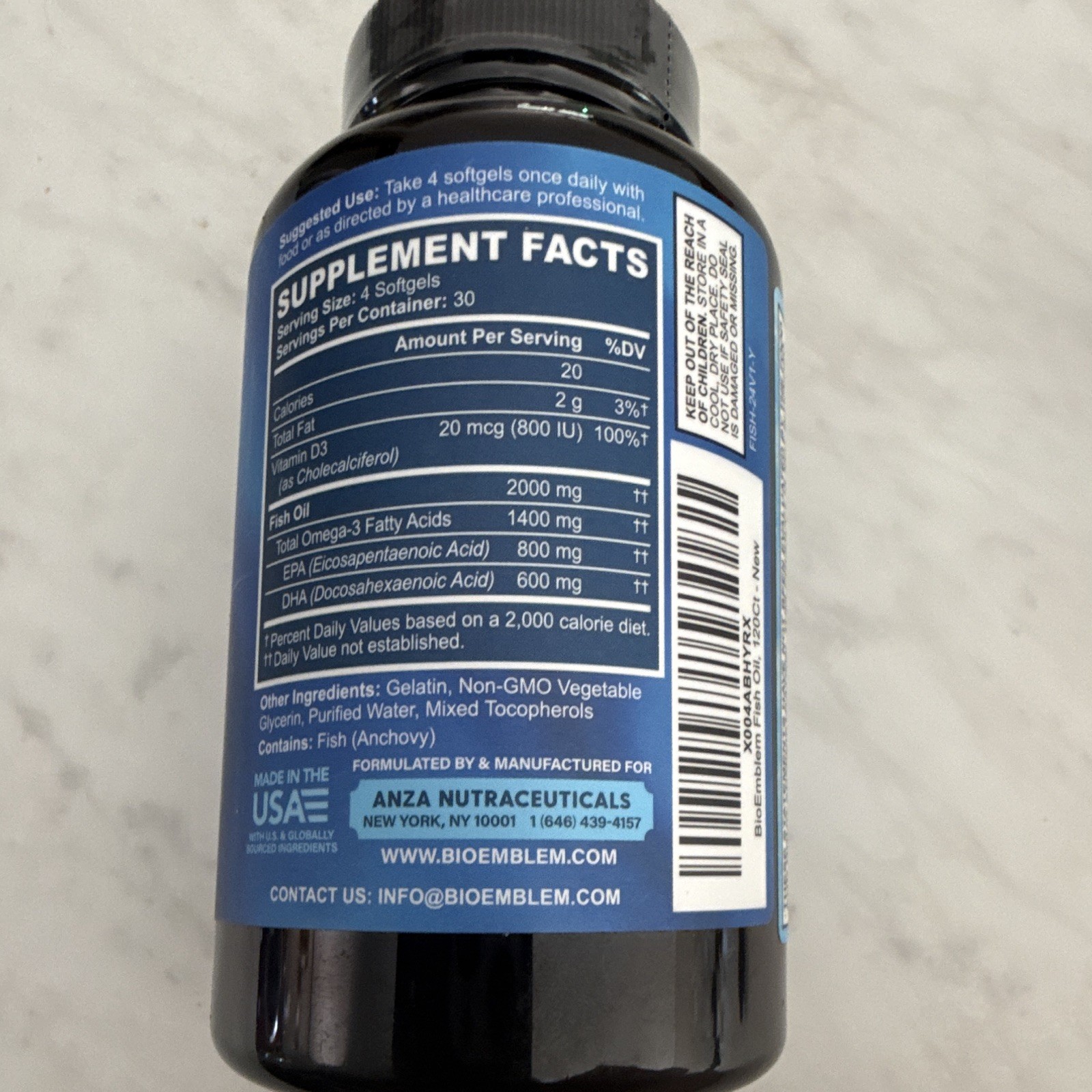 BioEmblem Omega-3 Fish Oil Dietary Supplement, 120 Softgels, 1400mg, Vitamin D3
