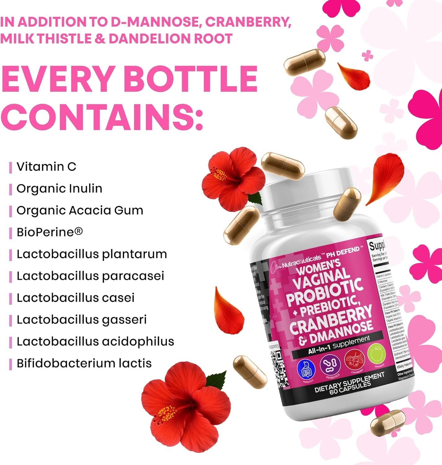 Clean Nutraceuticals Vaginal Probiotics for Women with Cranberry, D-Mannose, Pre