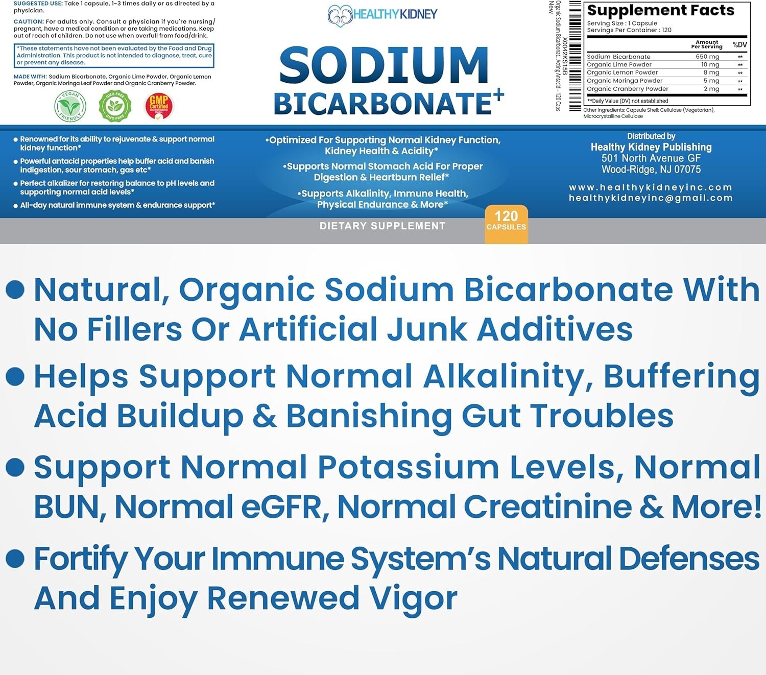 Organic Sodium Bicarbonate Alkaline Capsules Performance Aid Fast-Acting120 Caps