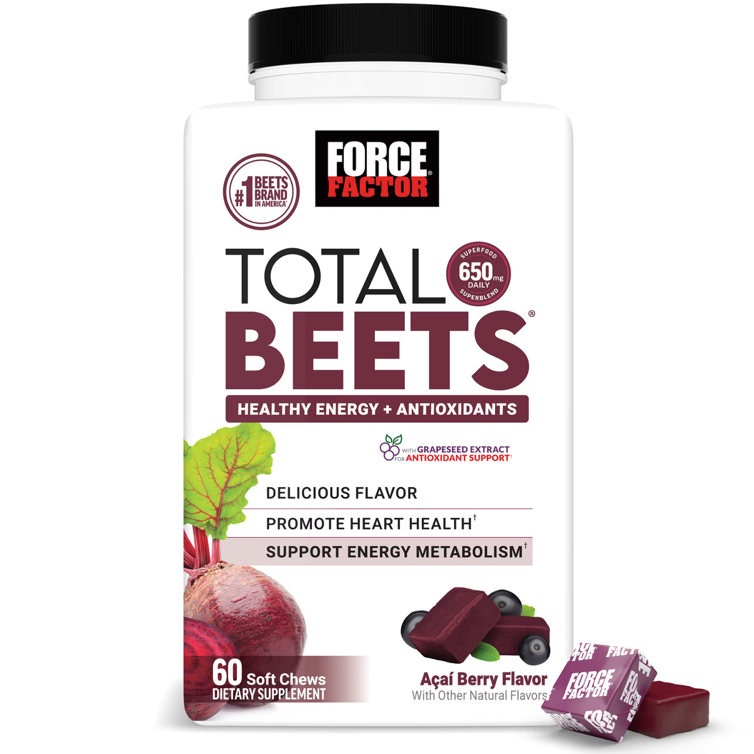 Force Factor Total Beets Soft Chews Beetroot 60 Chews Energy, 2 Pack