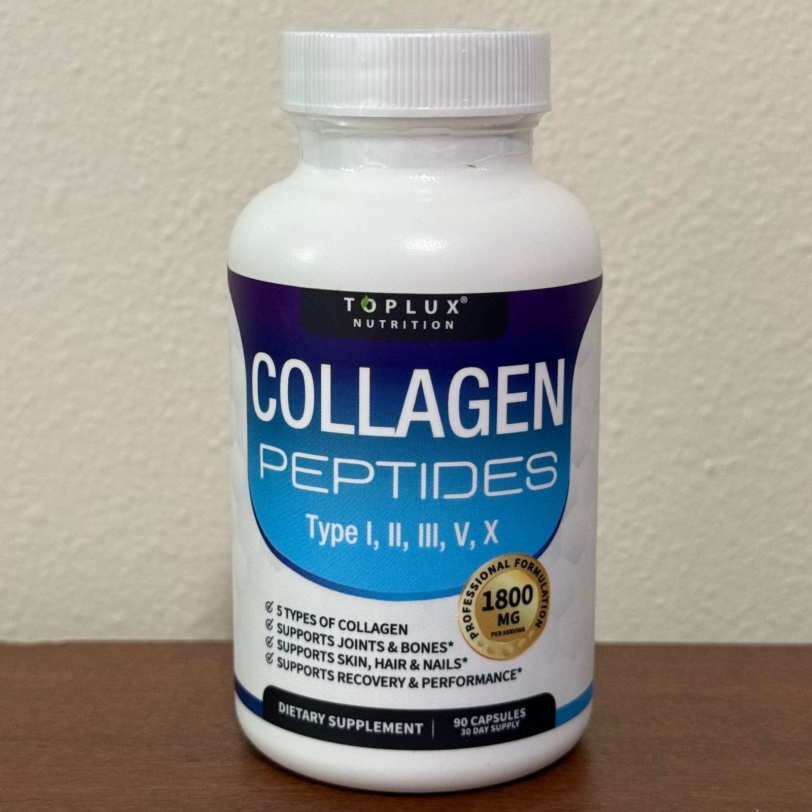 Toplux Collagen Peptides Unisex 90ct White New 1800mg Type I II III V X Capsules
