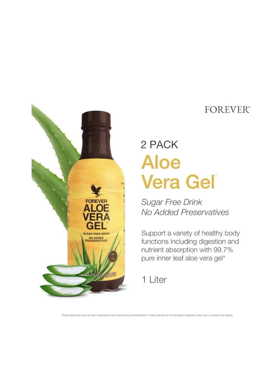 Forever Aloe Vera Gel Sugar-Free No Added Preservatives Drink 2 Pack 1 Liter