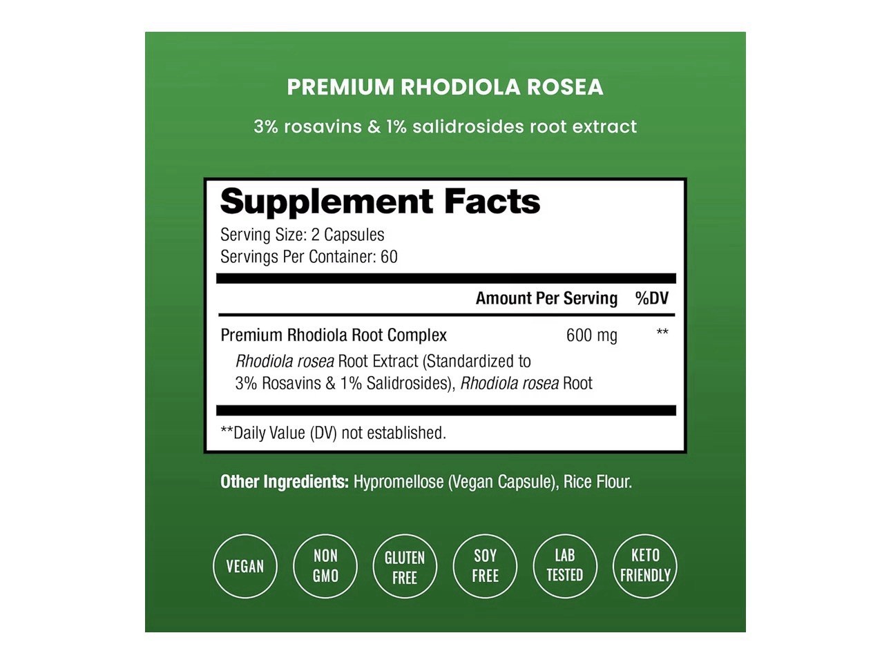 Nutra Champs Rhodiola Rosea Root Extract 600mg 120 Caps Vegan Non-GMO Keto