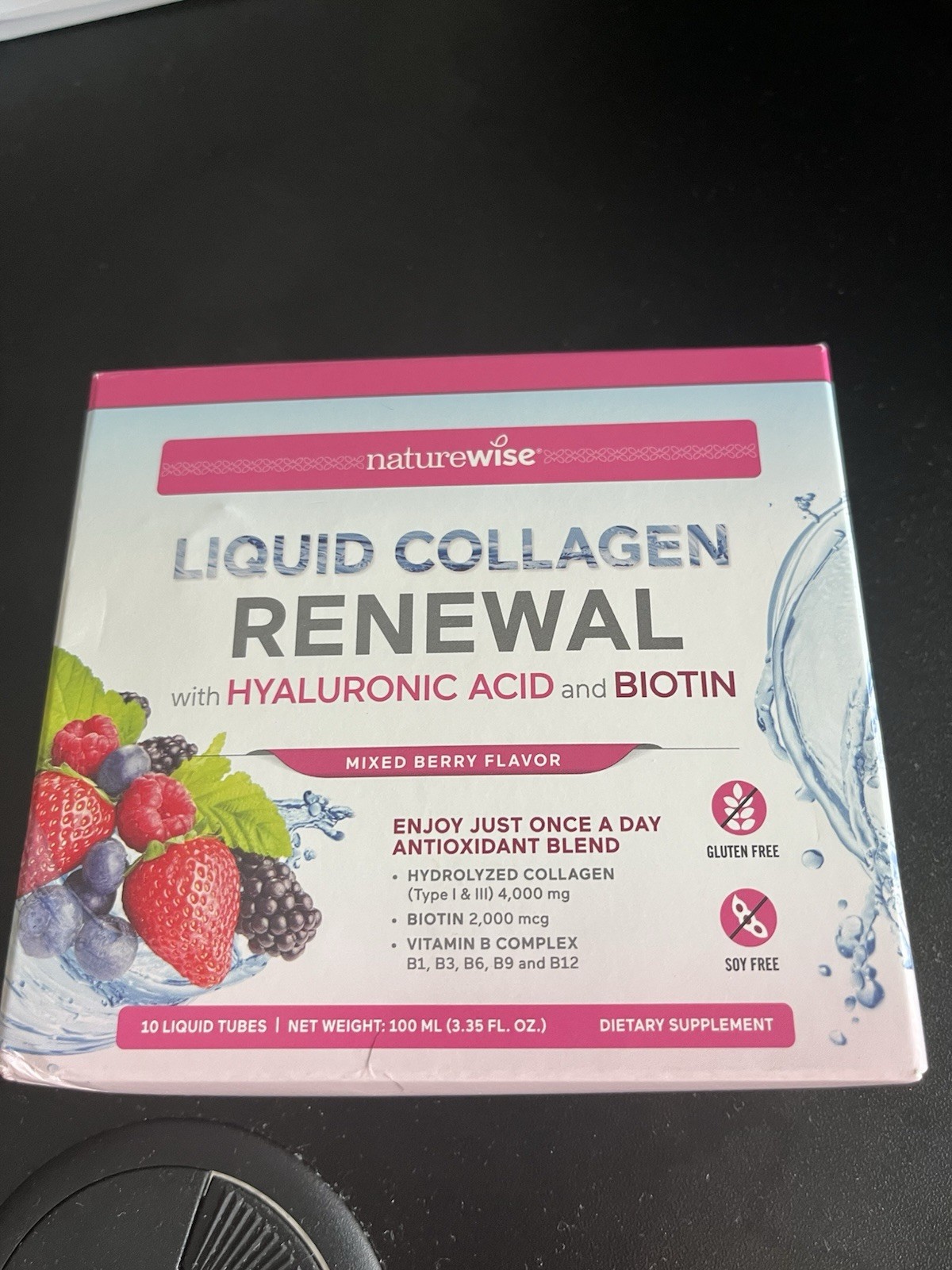 NatureWise Liquid Collagen Hyaluronic Acid Biotin Hair Skin Nails Mixed Berry 10