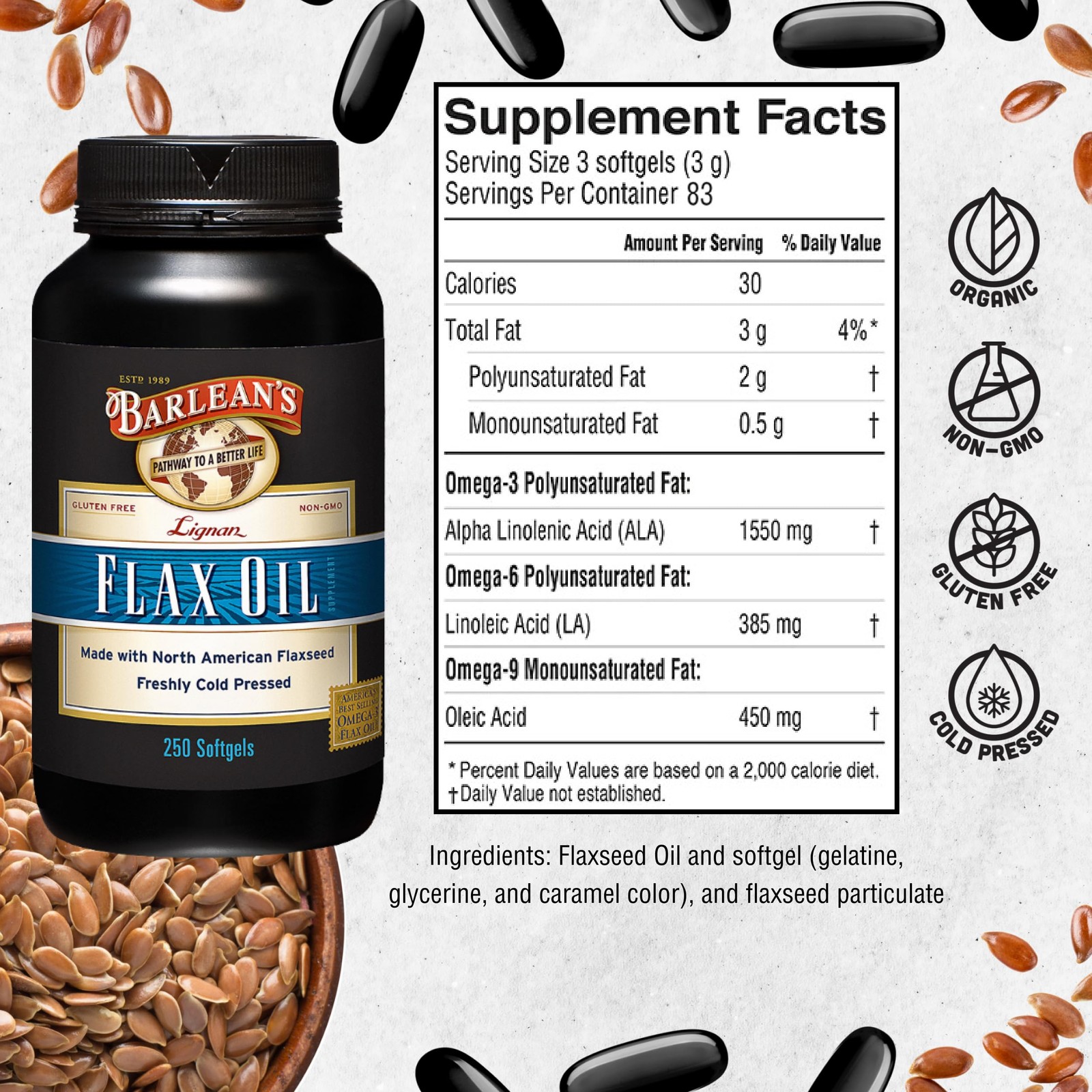 Barlean’s Lignan Flaxseed Oil Softgels, Cold-Pressed 250 Count (Pack of 1), –