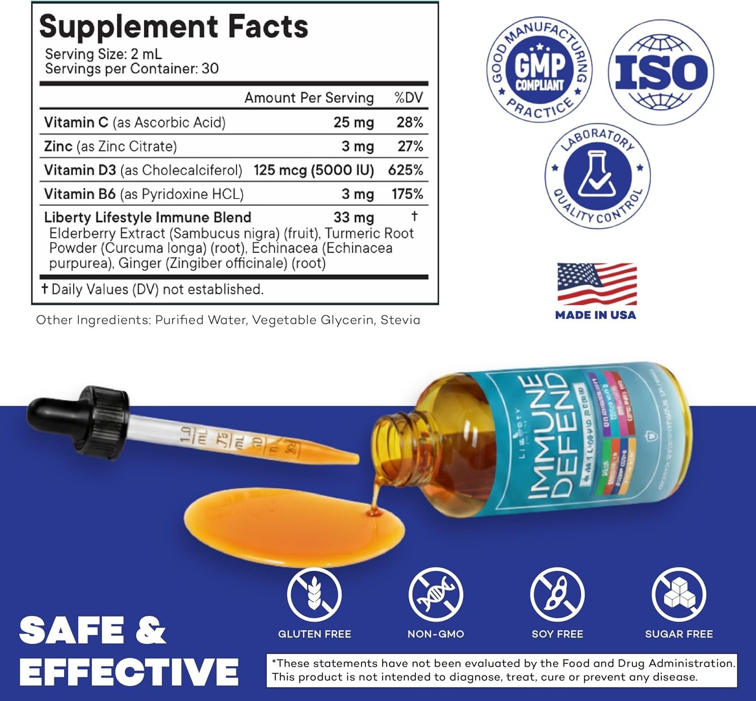 Immune Defend 8-in-1 Liquid Drops, Elderberry Turmeric Zinc, Vitamin C & D, 60mL