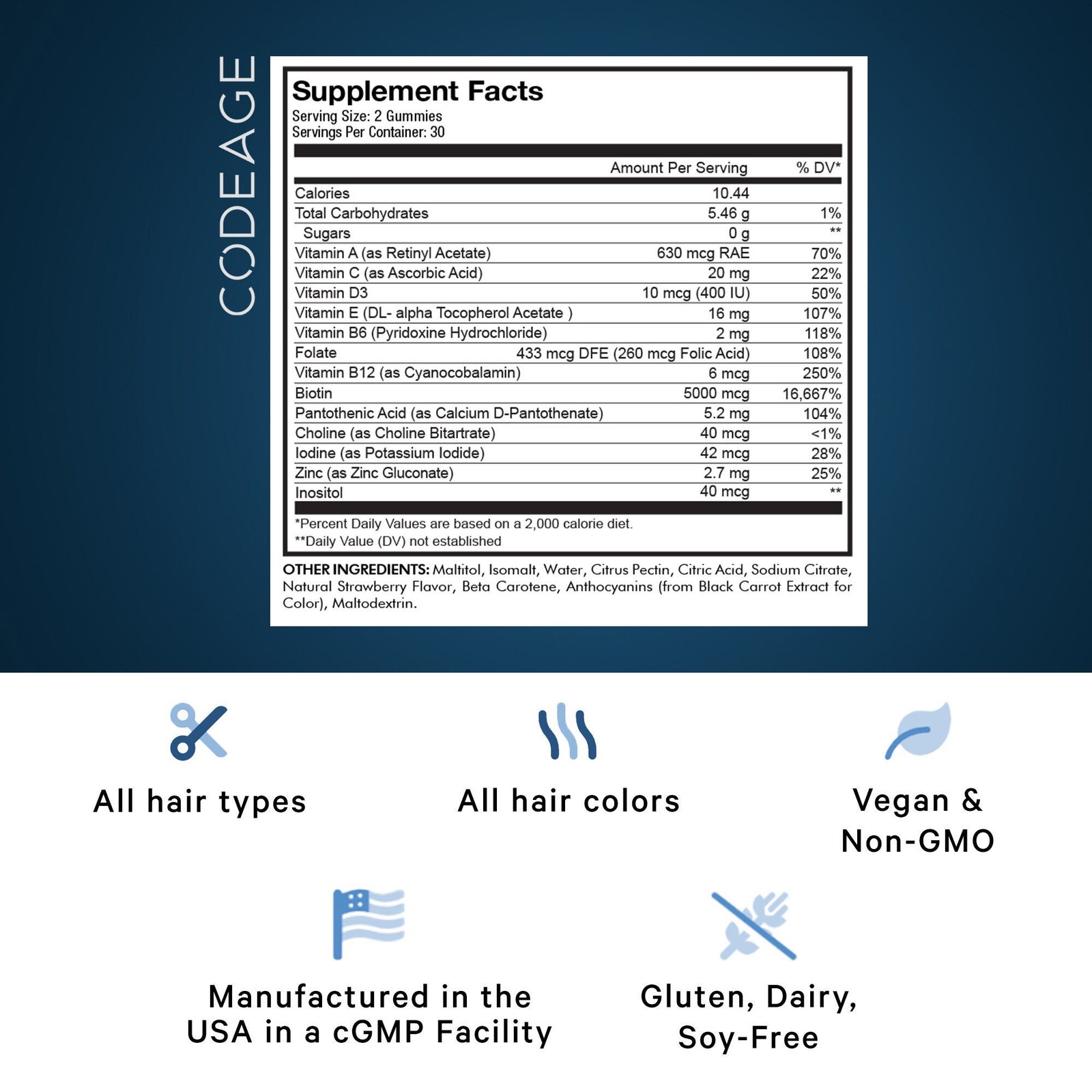 Hair Gummies – Sugarfree Daily Multivitamins – Biotin & Zinc – 60 Gummies