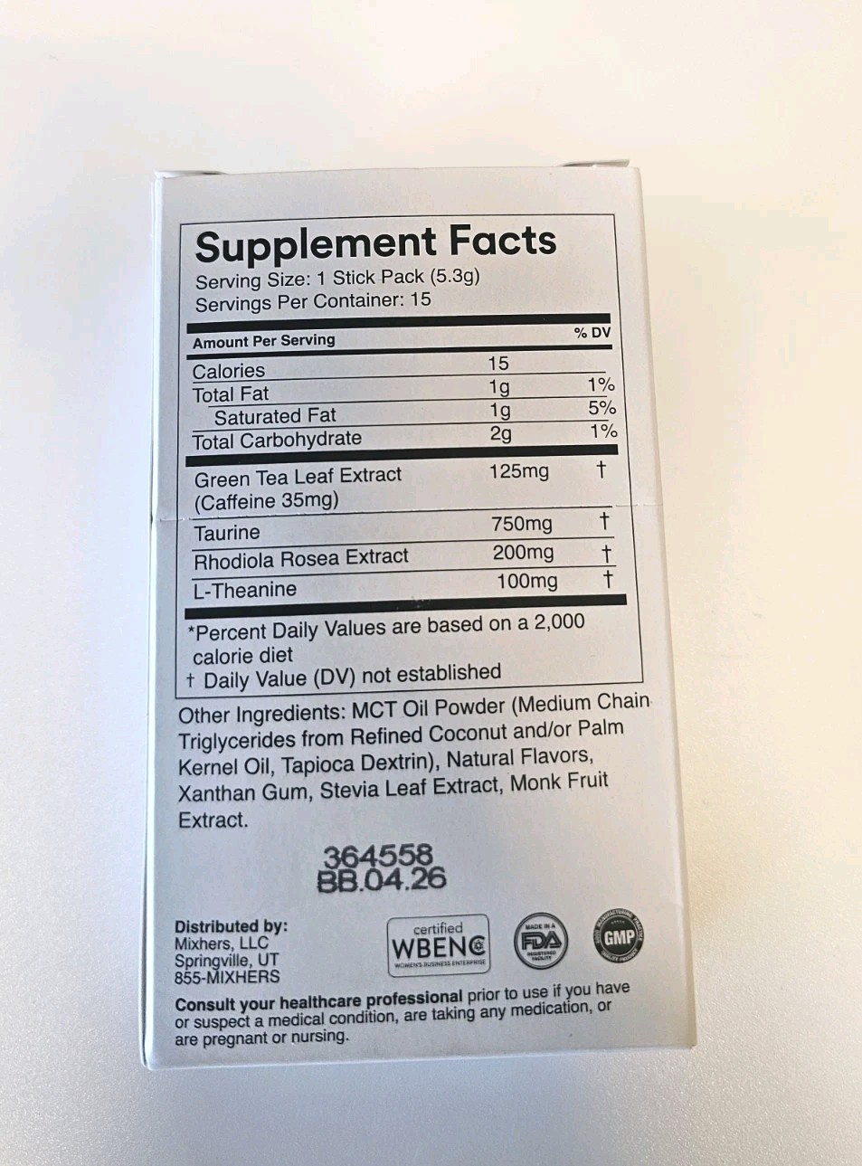 Mixhers Energy Support Supplement Drink Mix Natural 15 Pack Cinnamon Chai