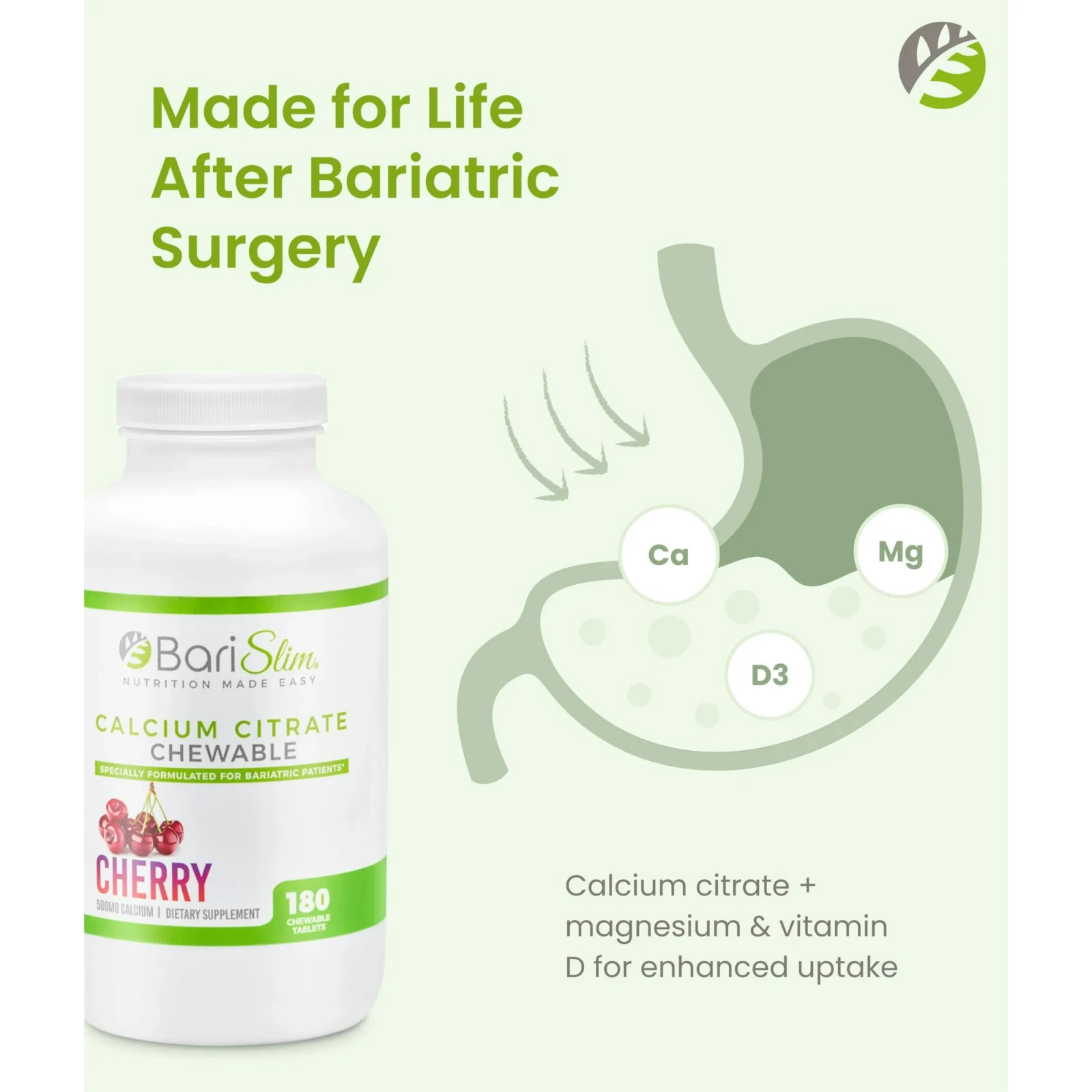 BariSlim Calcium Citrate Chewable Tablet Dietary Supplement, Cherry – 180ct