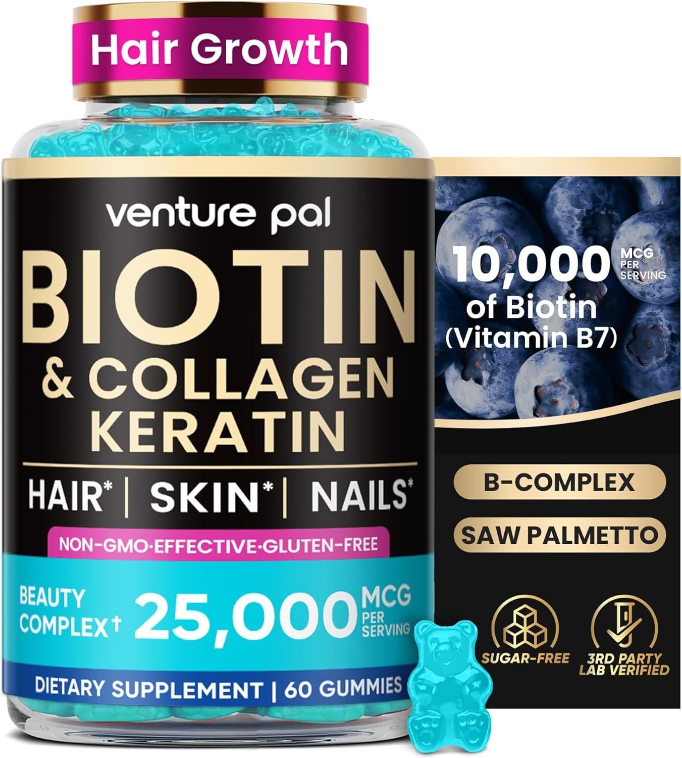 Hair, Skin & Nail Support Gummies w/ Biotin, Keratin, Collagen – Blueberry 60ct.