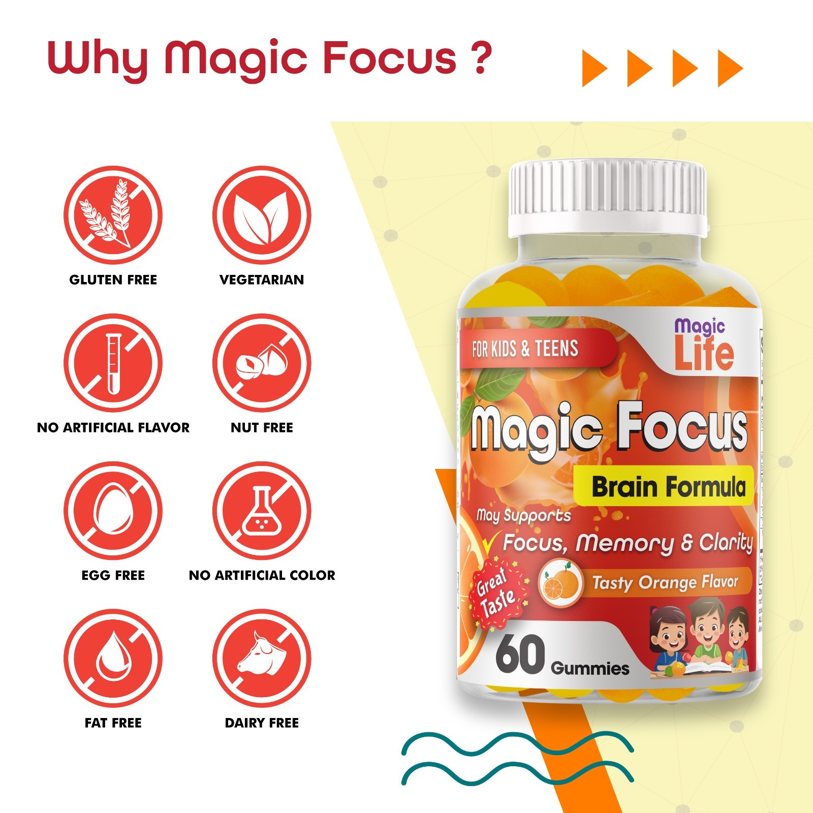 Kids Focus Gummies Brain Memory & Attention Support Vitamins for Kids & Teens