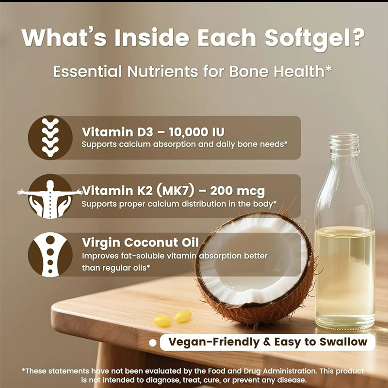 VEV D3 Vitamin K2 10000 lU,300Virgin Coconut OilSoftgels,2in 1 Vitamins Suppleme
