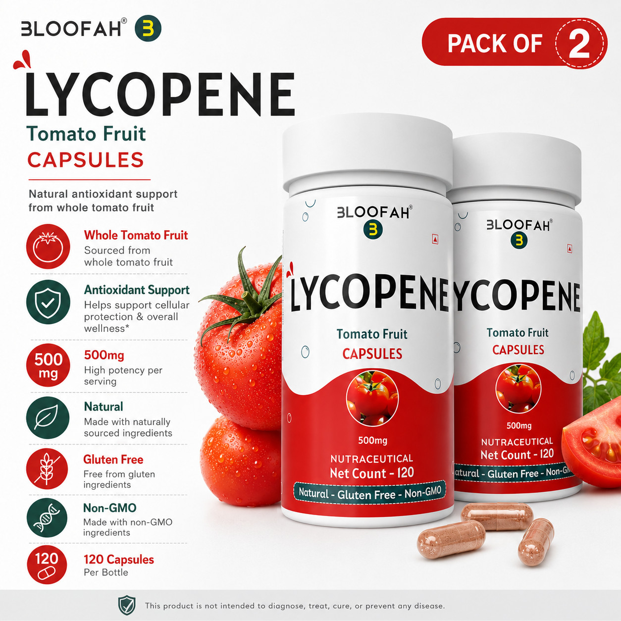Lycopene 500mg Capsules Tomato Powder Antioxidant Wellness 120 Count Pack 2