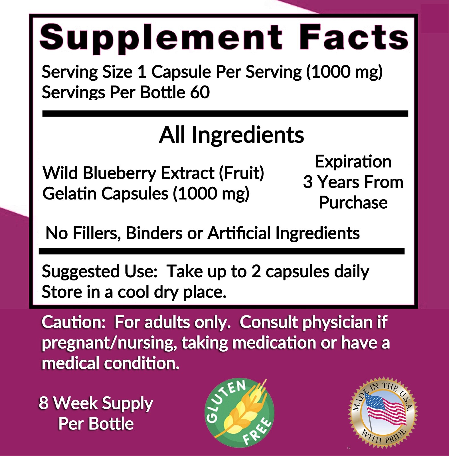 Wild Blueberry Extract Whole Fruit 240 Diet 1000 mg Capsules 10,000 mg Strength