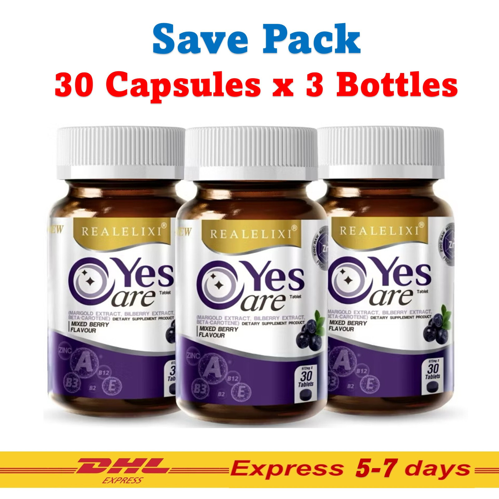 3x Real Elixir Yes Care Eye Care Nourish Dietary Supplement Mariglod Lutein