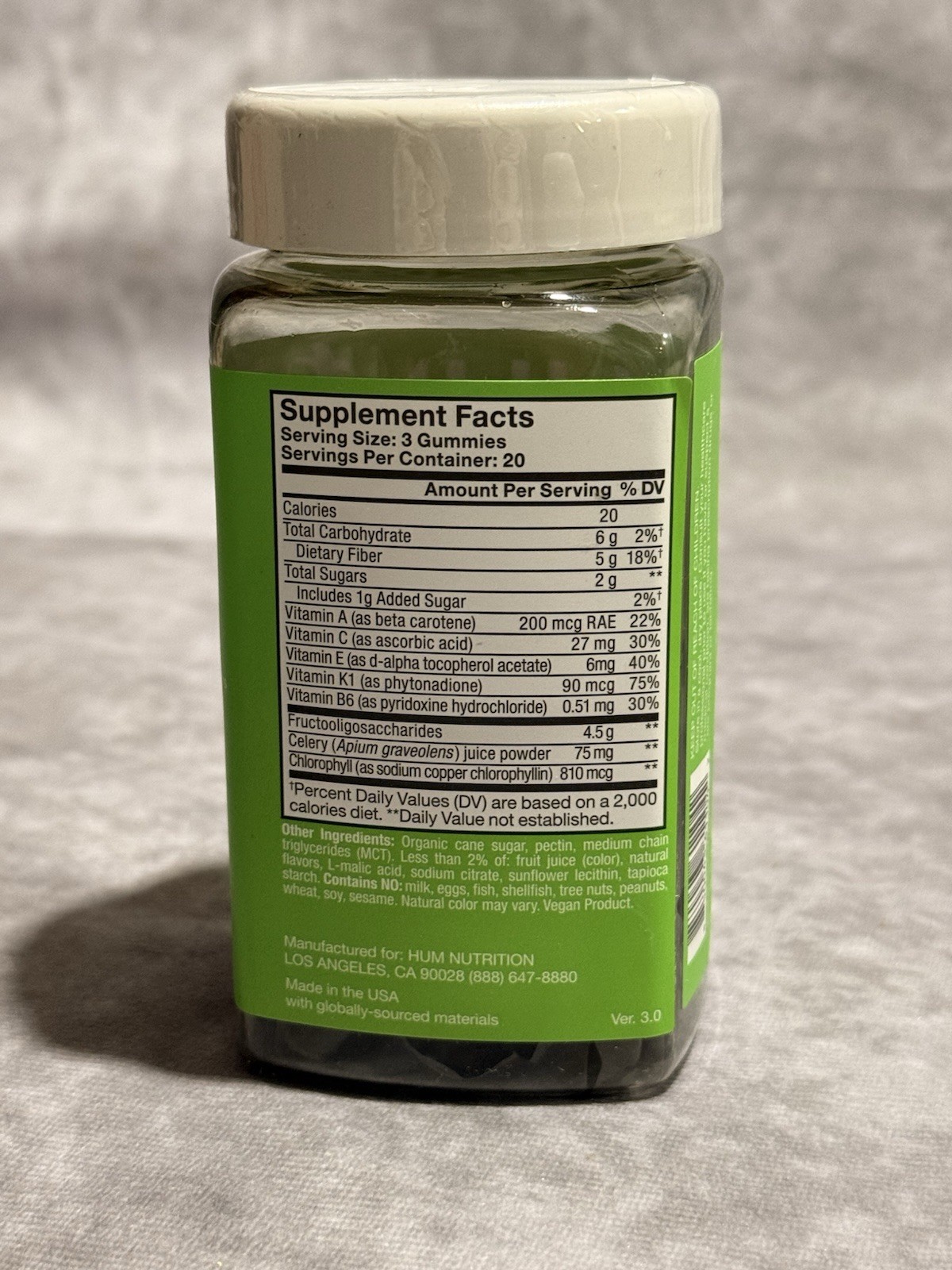 HUM Celery Juice Fiber Gummies Chlorophyll Vegan Green Apple 60 Gummies
