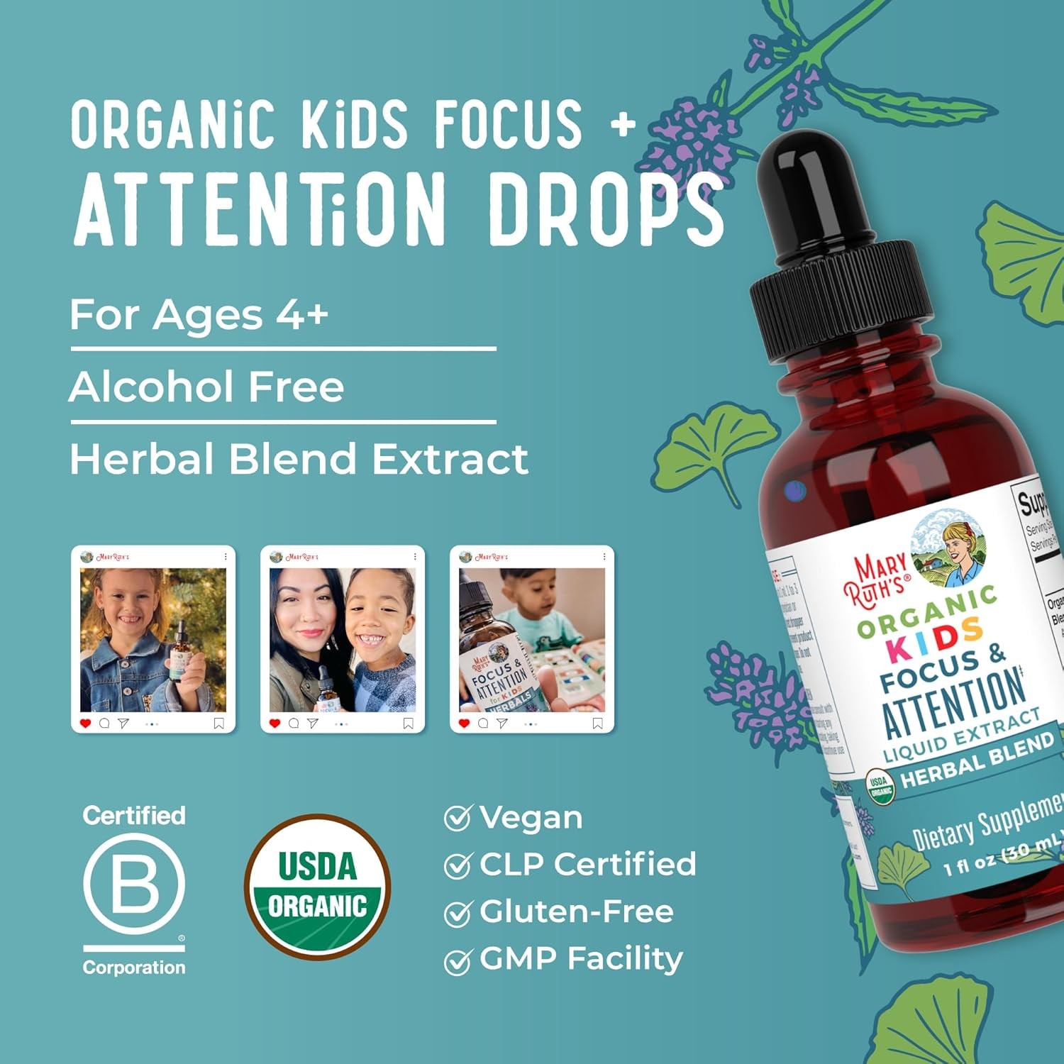 MARYRUTH’S Kids Focus & Attention Drops | USDA Organic Drops 30 Servings