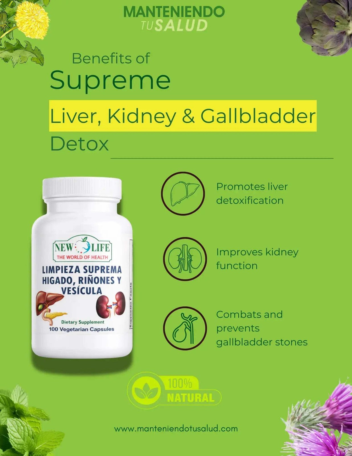 Limpieza Suprema Hígado Riñones Vesícula, Healthy Liver, 100 Capsules