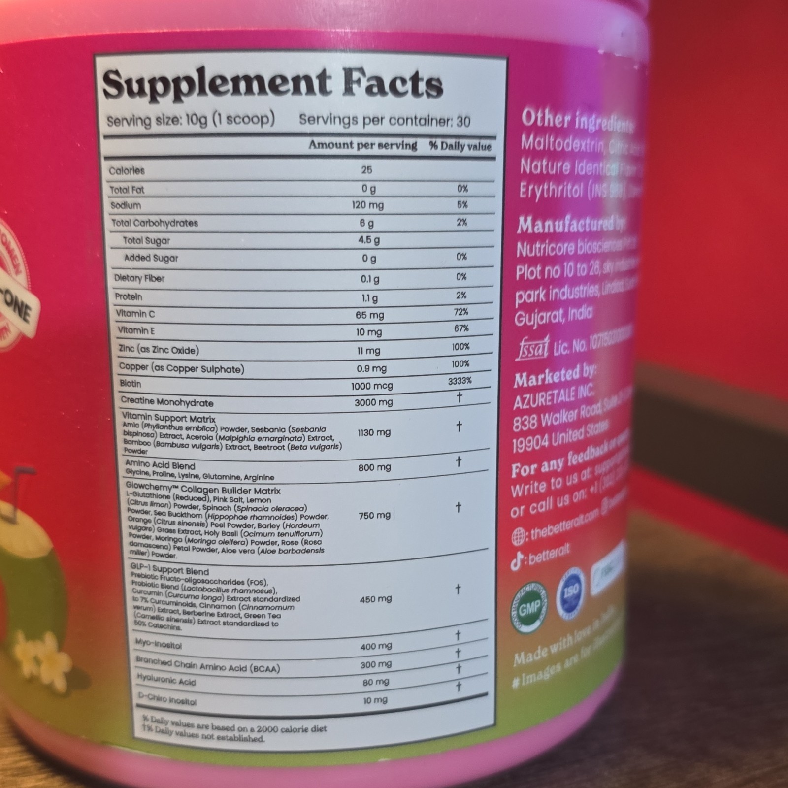 BetterAlt Creatine Collagen Biotin Vitamin C Hyaluronic Coco Lychee Powder 11oz