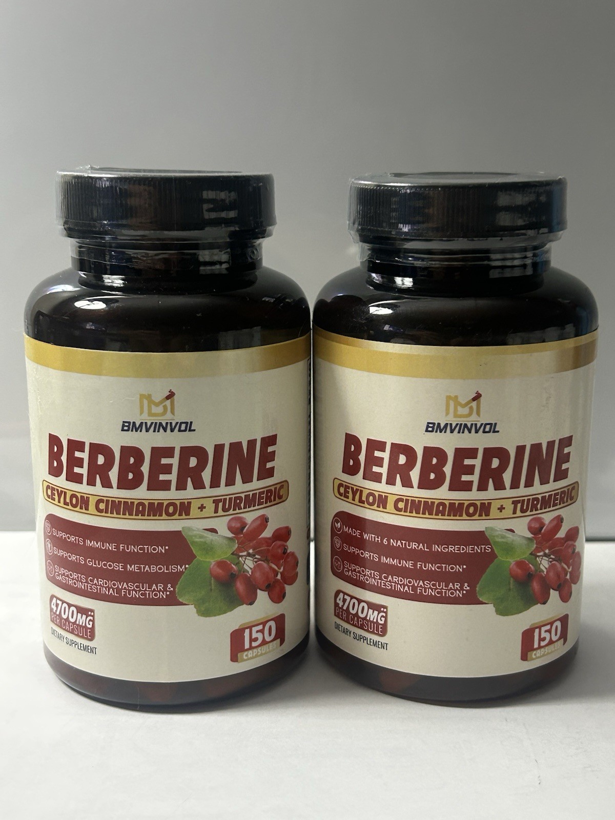 BMVINOL Berberine Ceylon Cinnamon + Turmeric 150 capsules 4700mg Exp: 5/25 2 Lot