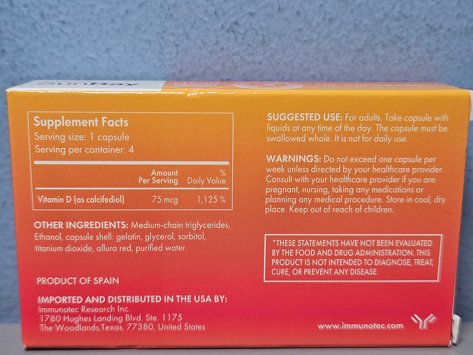 Immunotec SunRay One Weekly Capsule – 4 Capsules – New & Sealed Exp 12/2027