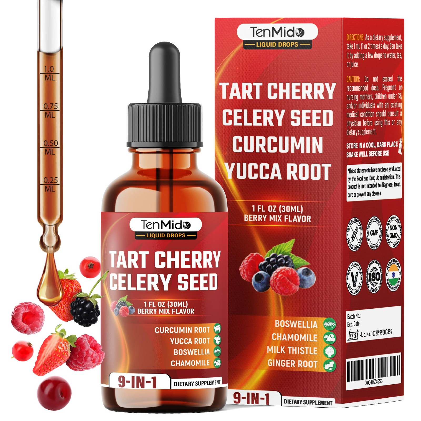 Tenmido Tart Cherry Extract Liquid Drops – 9in1 with 1 Fl Oz (Pack of 1)