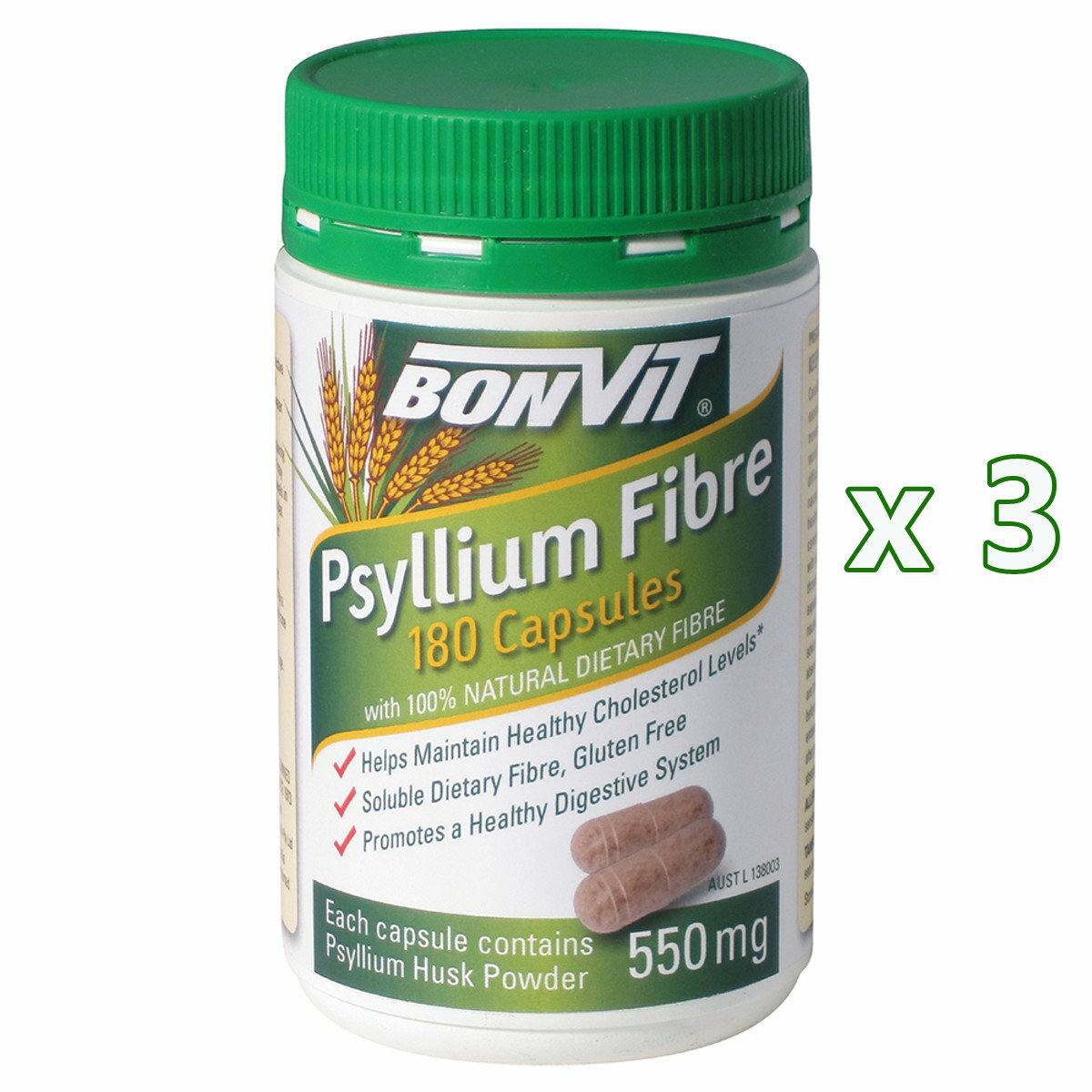 3 x Bonvit Psyllium Fibre 550mg 180 Capsules Total 540 Caps