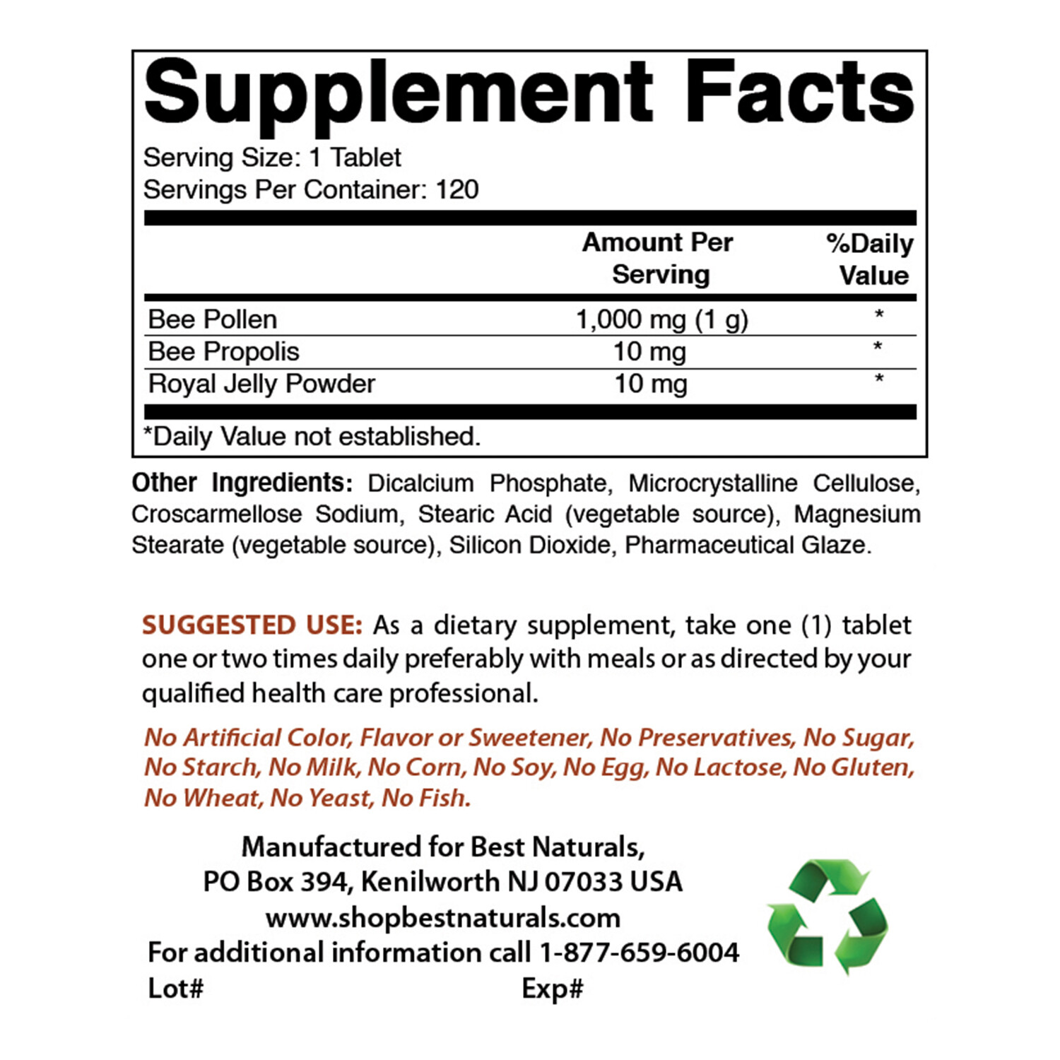 Best Naturals Bee Pollen Complex 1000 mg 120 Tablets, Healthy Metabolism