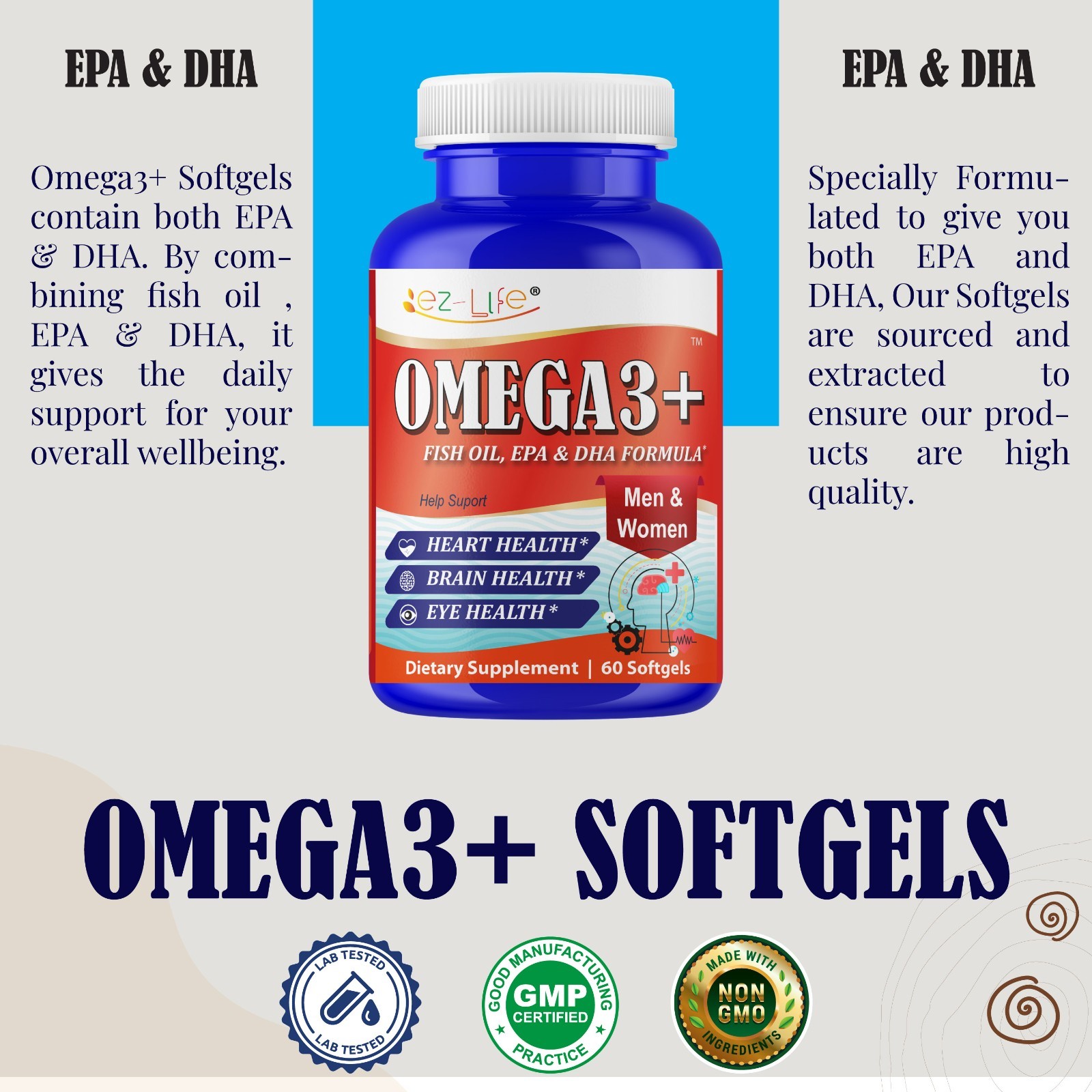 Fish Oil EPA DHA Omega 3 Supplement for Brain Heart Eye Support- 60 Softgels