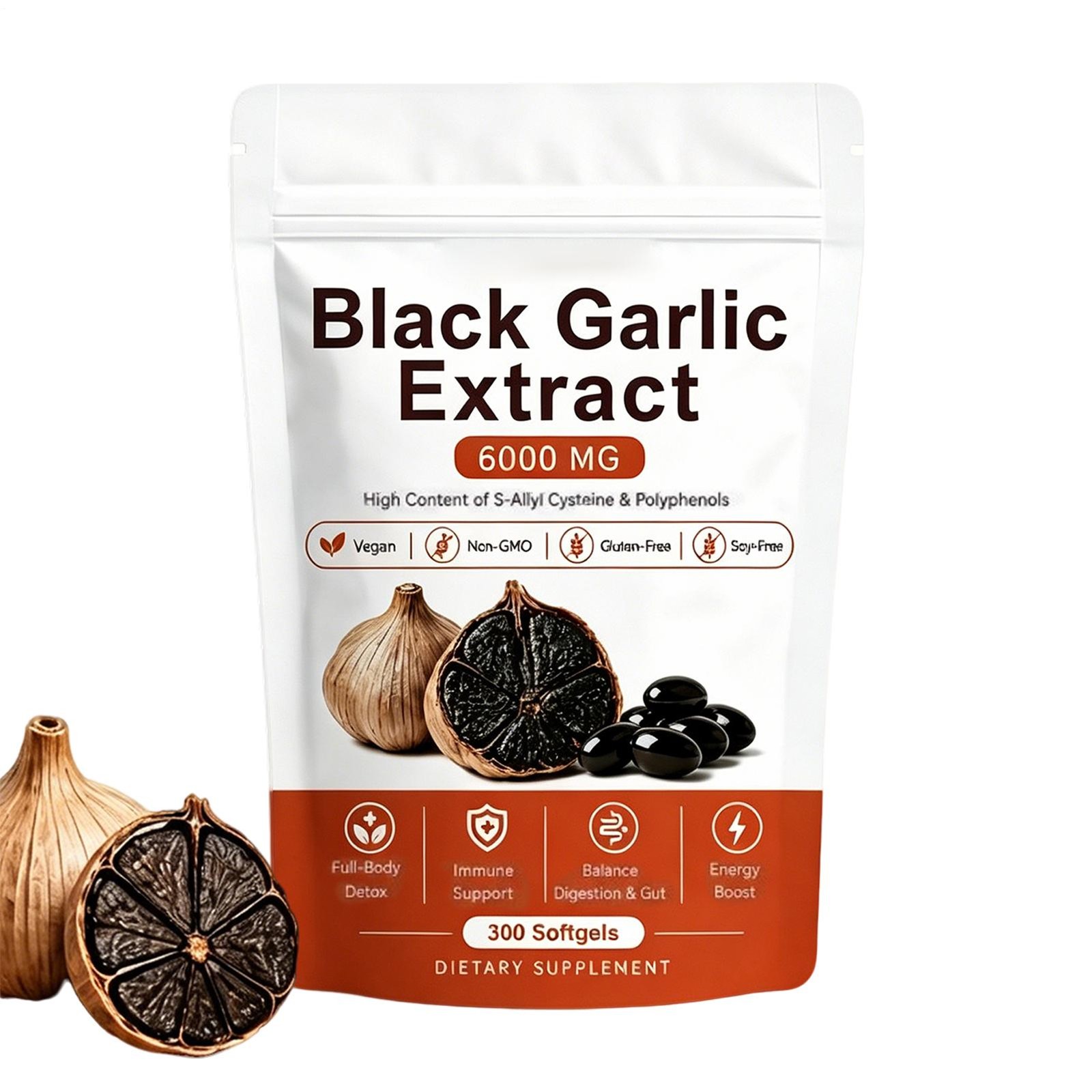 Black Garlic Extract Softgels 300ct, Odorless Vegan Non-GMO Supplement （1-2 pk）