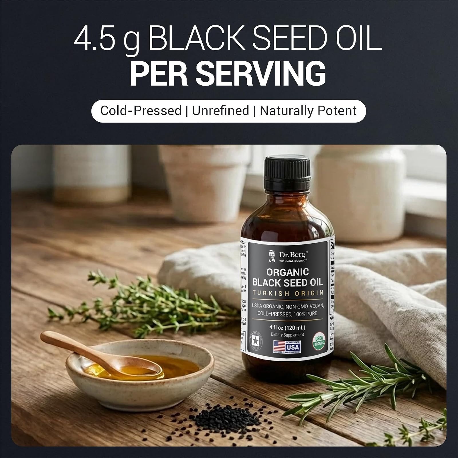 Dr. Berg Black Seed Oil Organic Cold Pressed 4 oz – Immune Support, Vegan