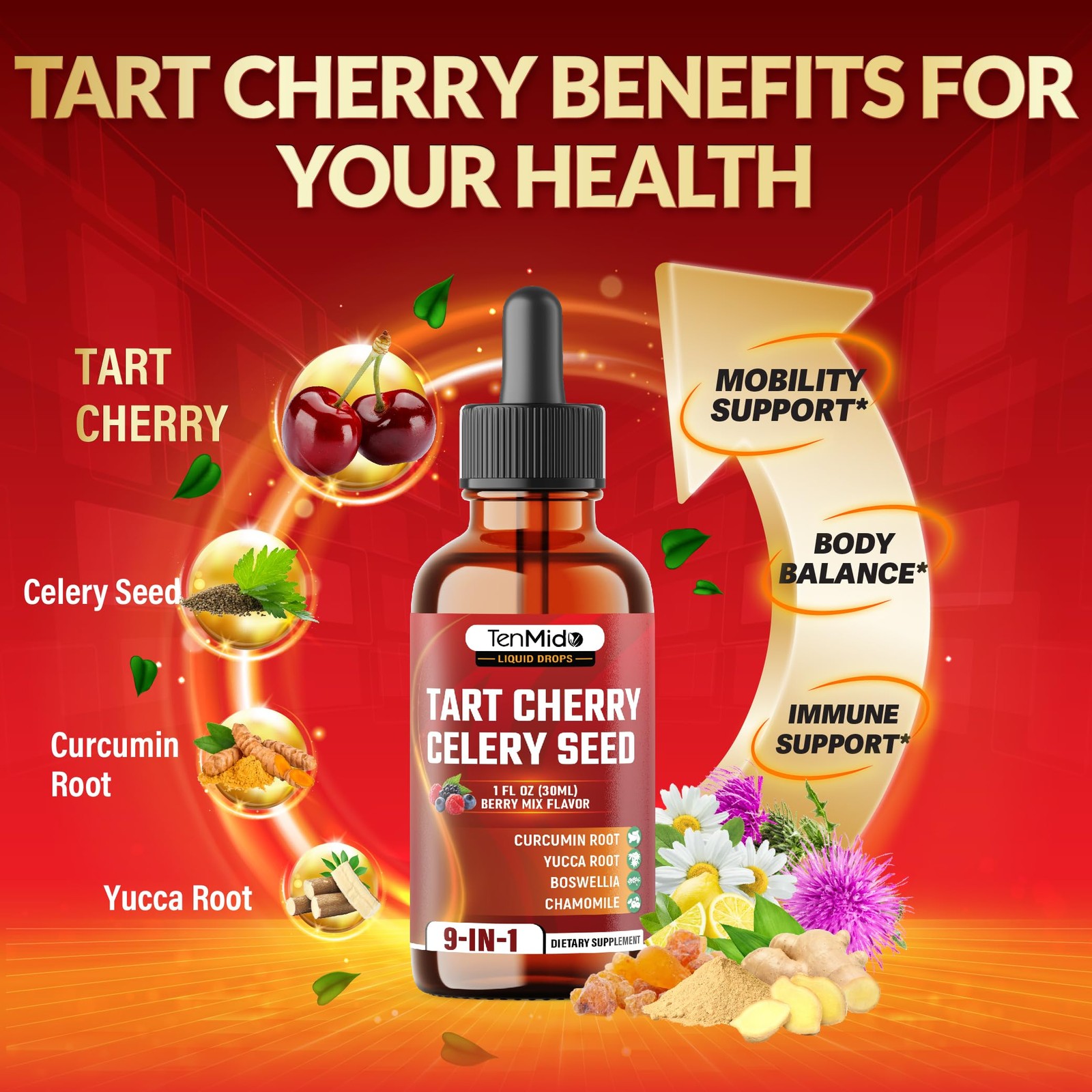 Tenmido Tart Cherry Extract Liquid Drops – 9in1 with 1 Fl Oz (Pack of 1)