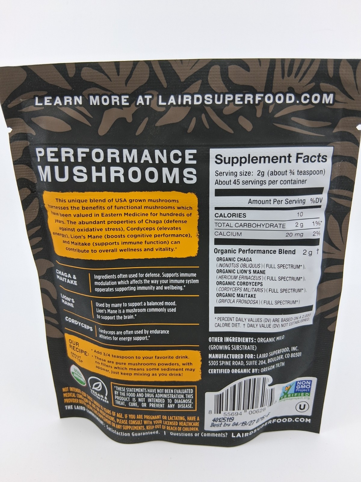 Laird Superfood Performance Mushrooms Powder – 3.17 oz, 45 servings BB 4/2027