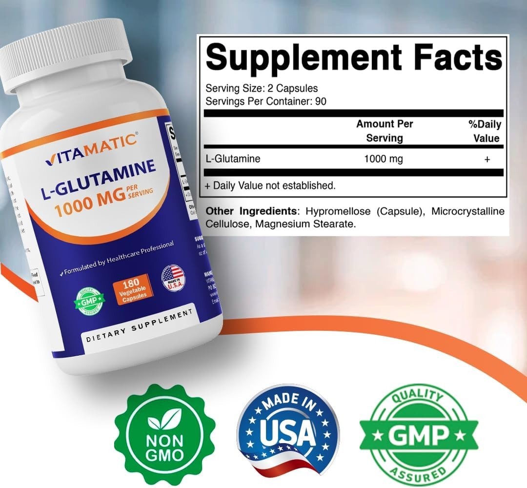 Vitamatic L-Glutamine 1000mg 180 Veg Capsules Non GMO Gluten Free USA GMP