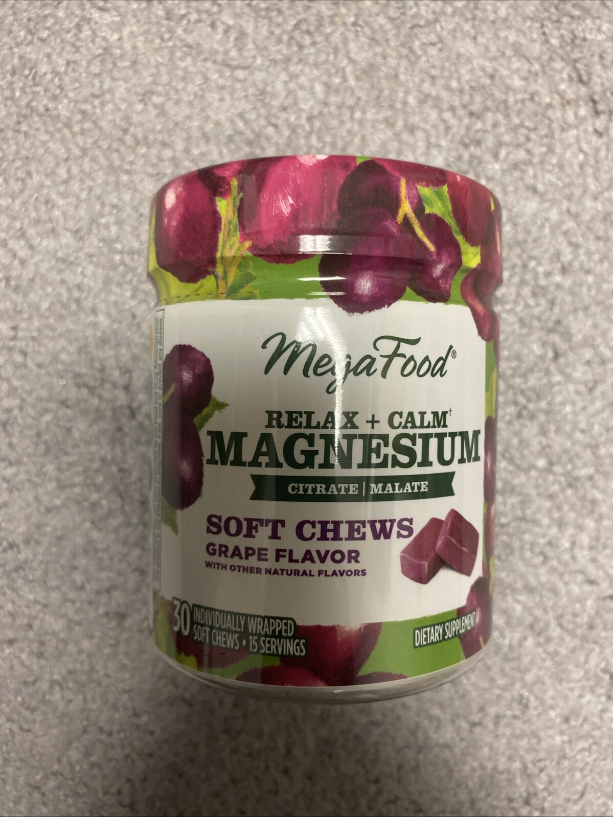 MegaFood Magnesium Supplement Magnesium Citrate & Malate, Grape Soft Chew 30 Ct