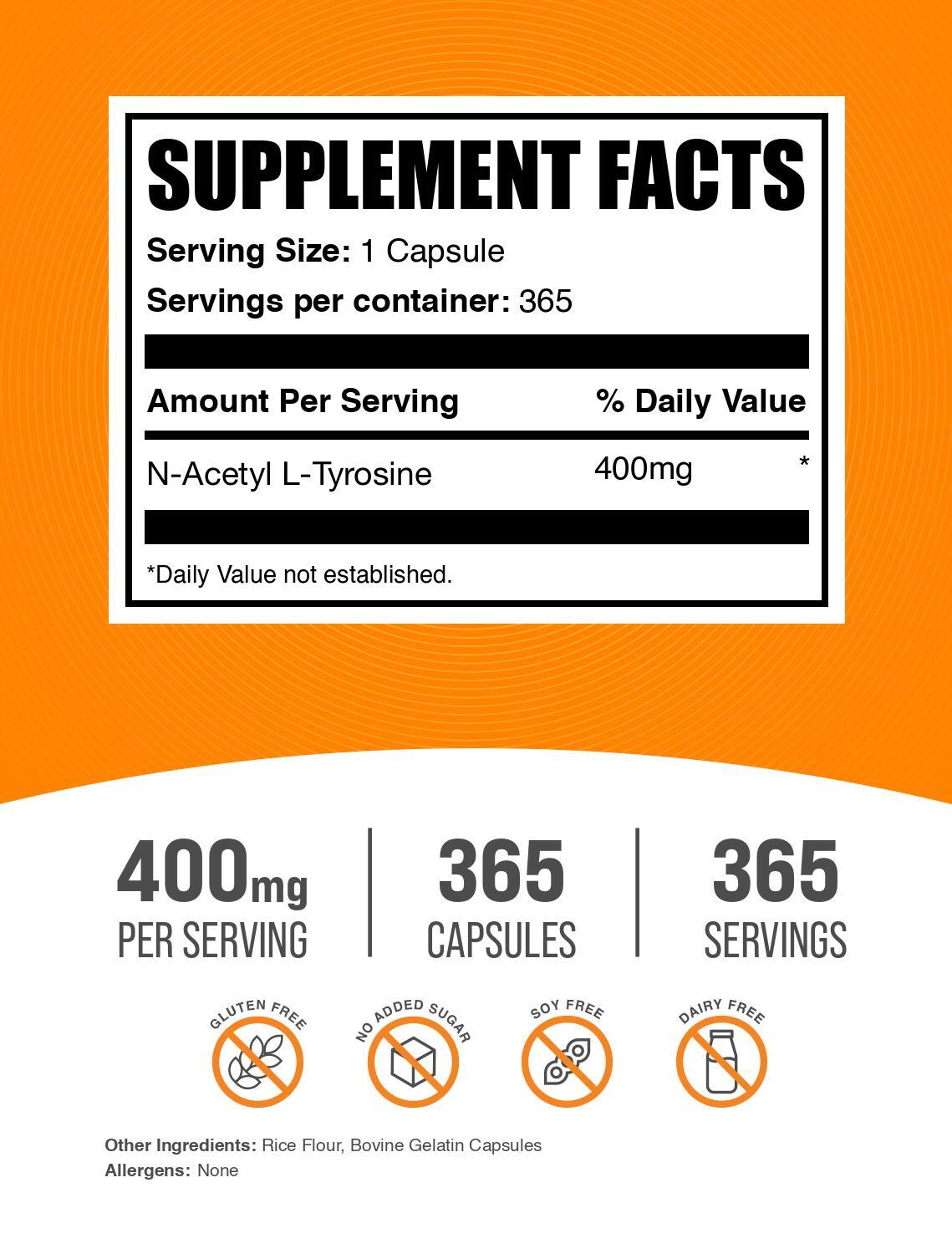 BulkSupplements N-Acetyl L-Tyrosine (NALT) Capsules – 400mg – 365 Capsules