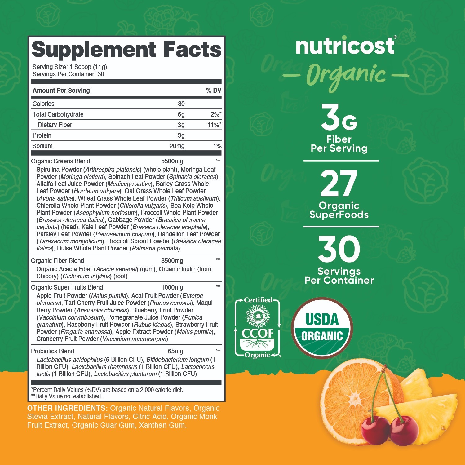 Nutricost Organic Super Greens Powder (30 Servings) Orange Sunrise Flavored