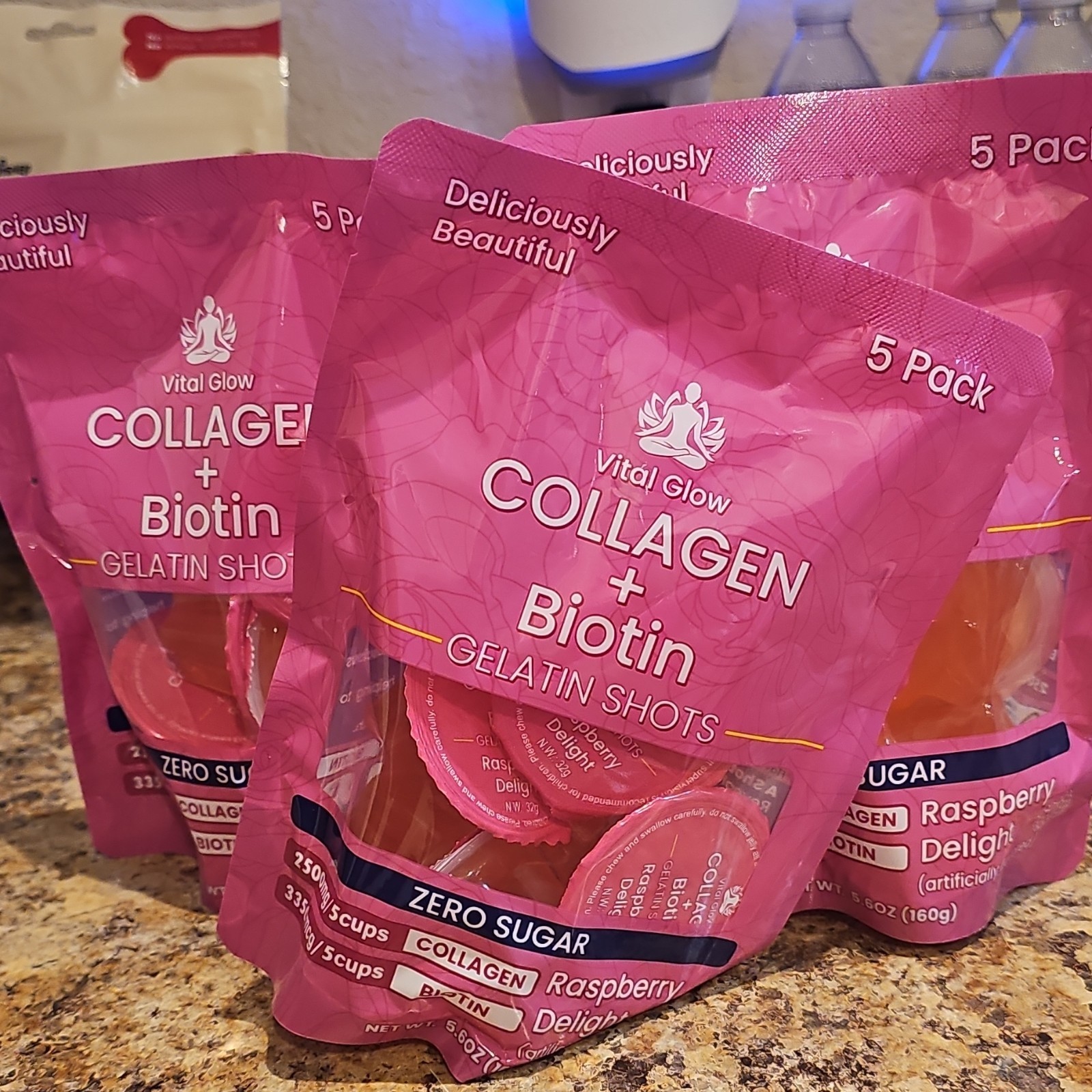 Vital Glow Collagen + Biotin Gelatin Shots Sugar-Free Raspberry Delight 5 Pack