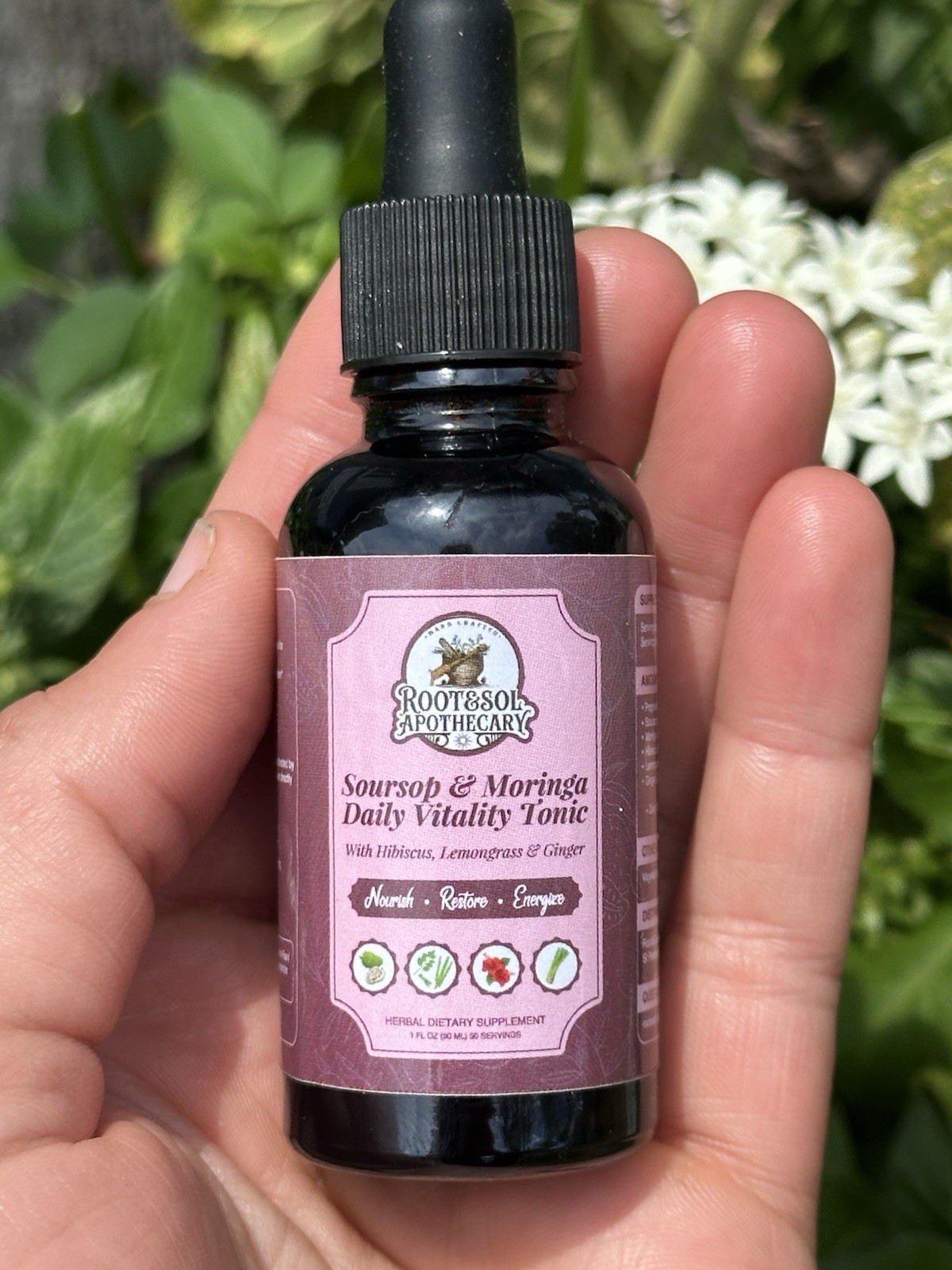 Root & Soil Apothecary Soursop Moringa Hibiscus Ginger Lemongrass Tonic 1 fl oz