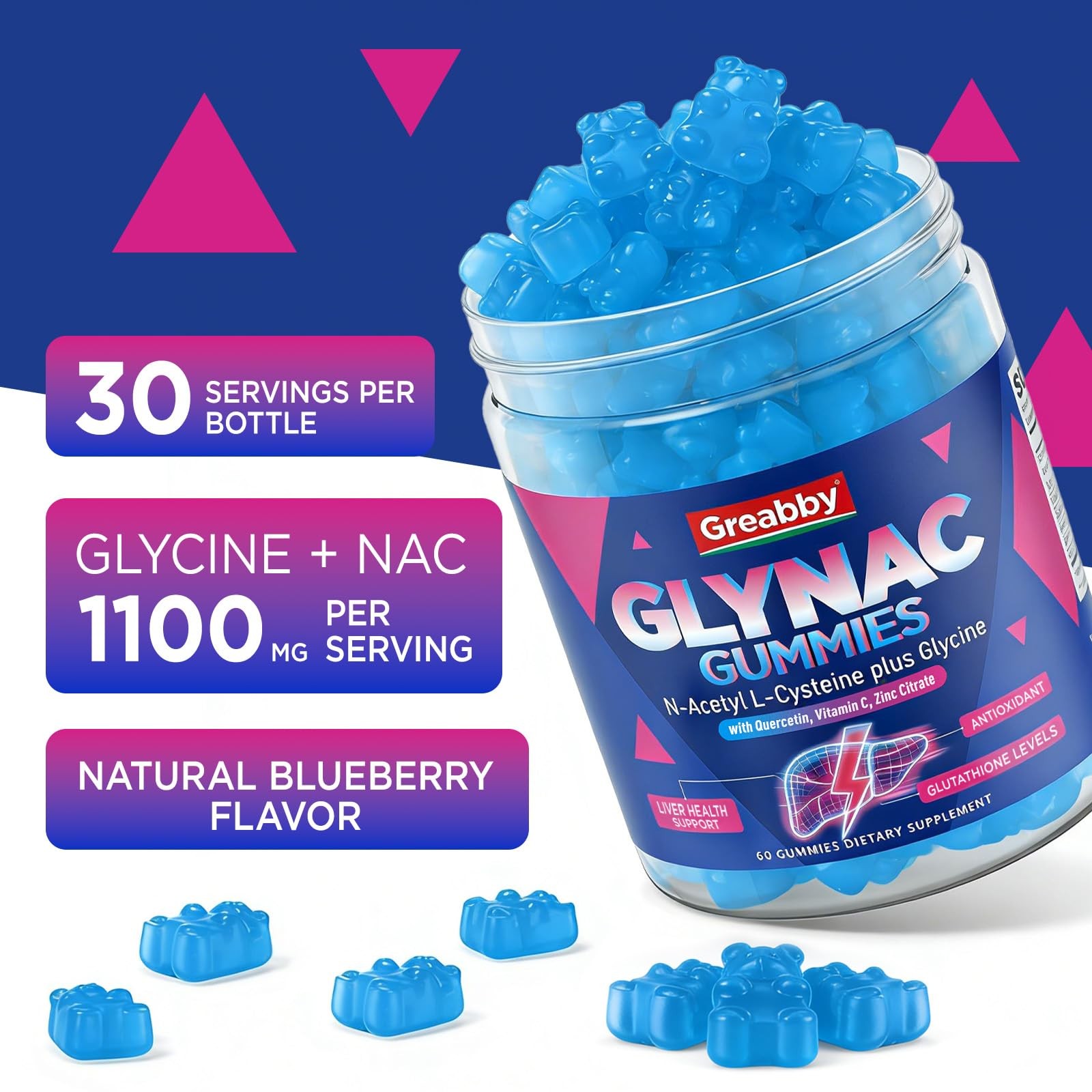 GREABBY Glynac Gummies, Glycine & N-Acetyl Cysteine 60 Count (Pack of 1)