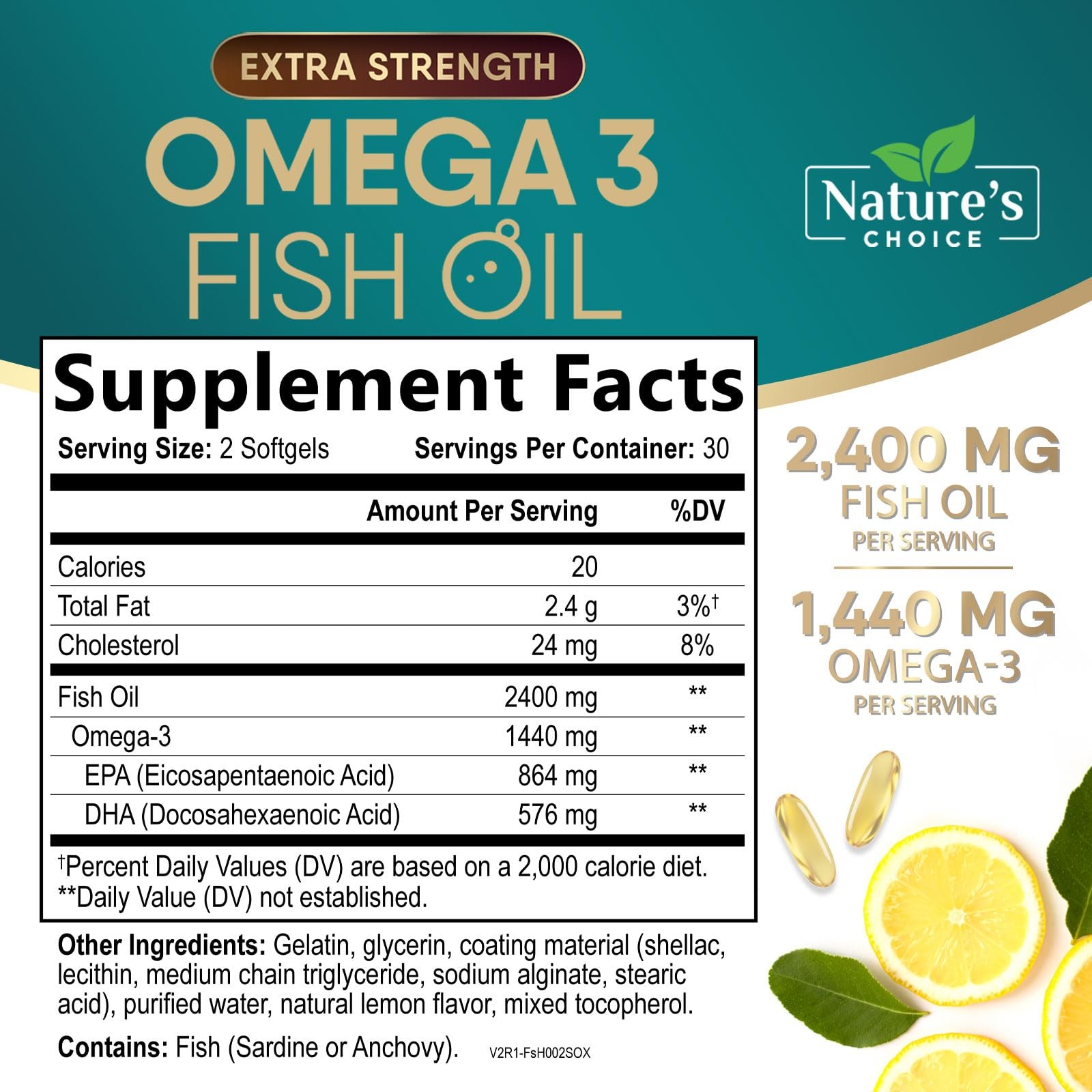 Omega 3 Fish Oil Supplements – 2400mg Per 60 Count (Pack of 1)