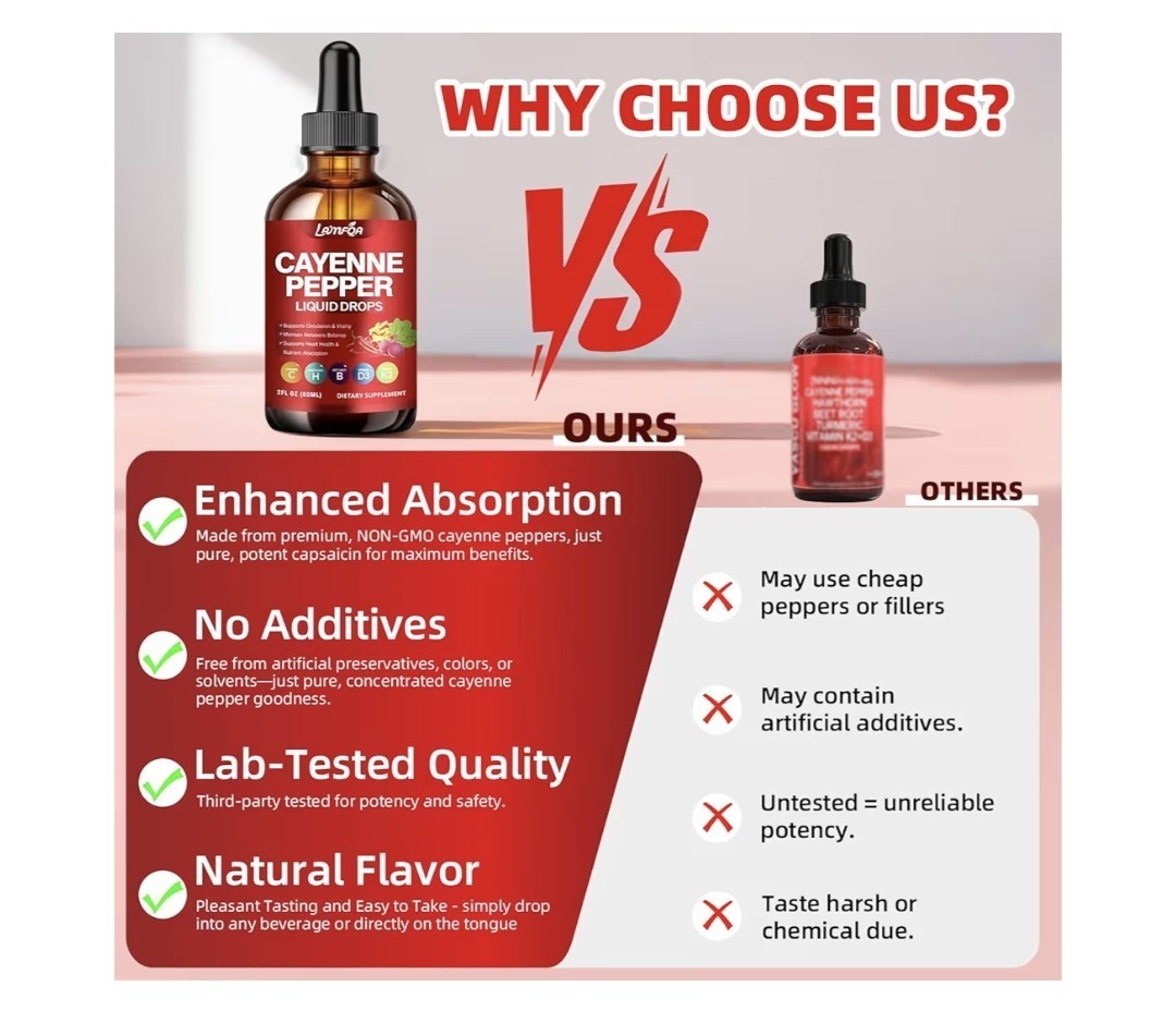 LunfQA Cayenne Pepper Liquid Drops w/ D3 K2 Hawthorn Beet Non-GMO 2 fl oz