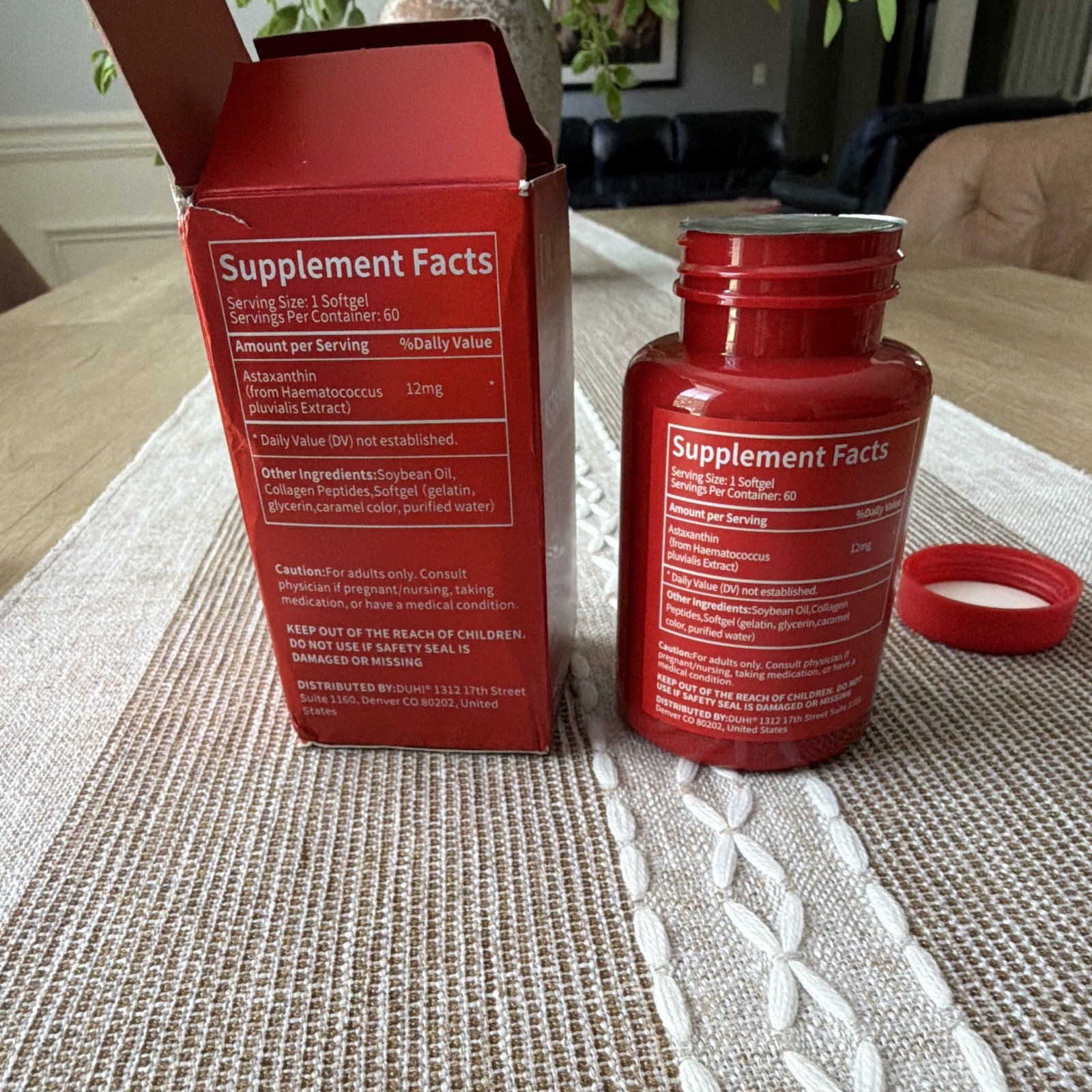 DUHI Astaxanthin 12mg 60 Softgels Non-GMO Gluten-Free Exp 04/2026