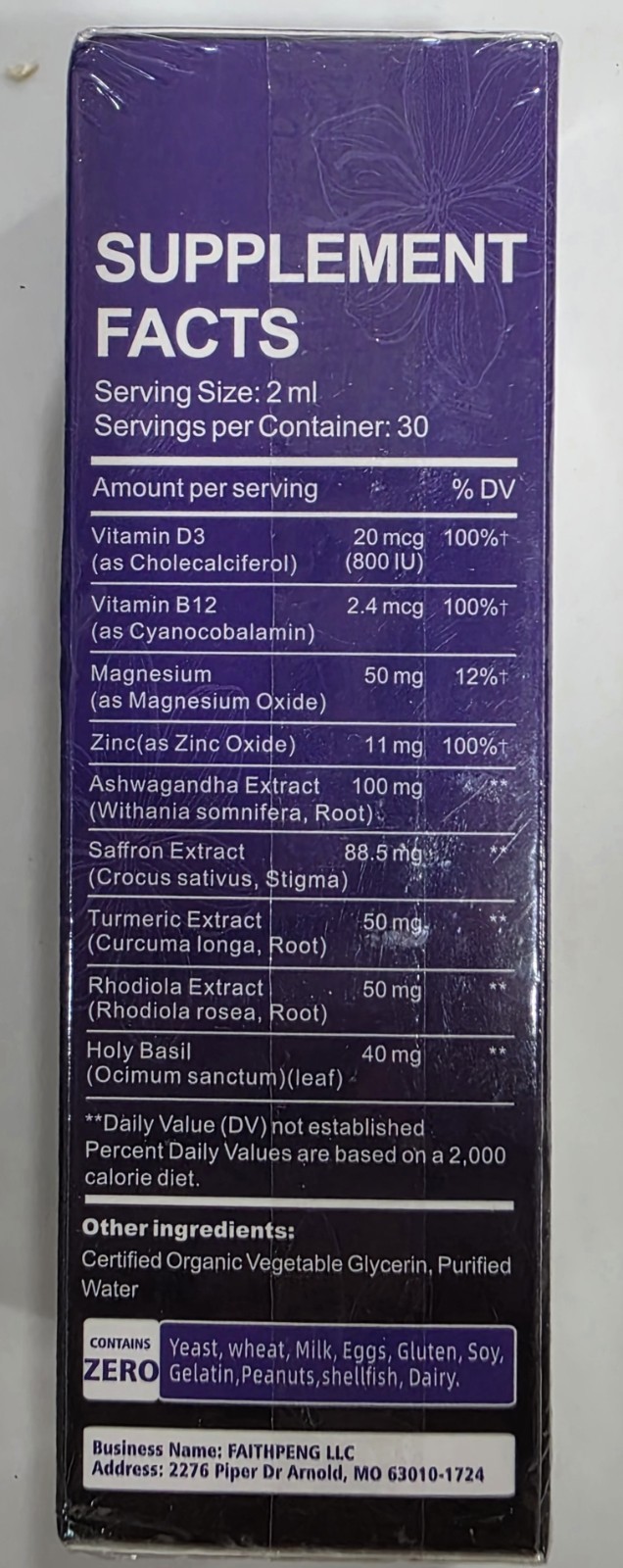 Organic Saffron Extract Liquid 2 fl oz w Ashwagandha Rhodiola D3 B12